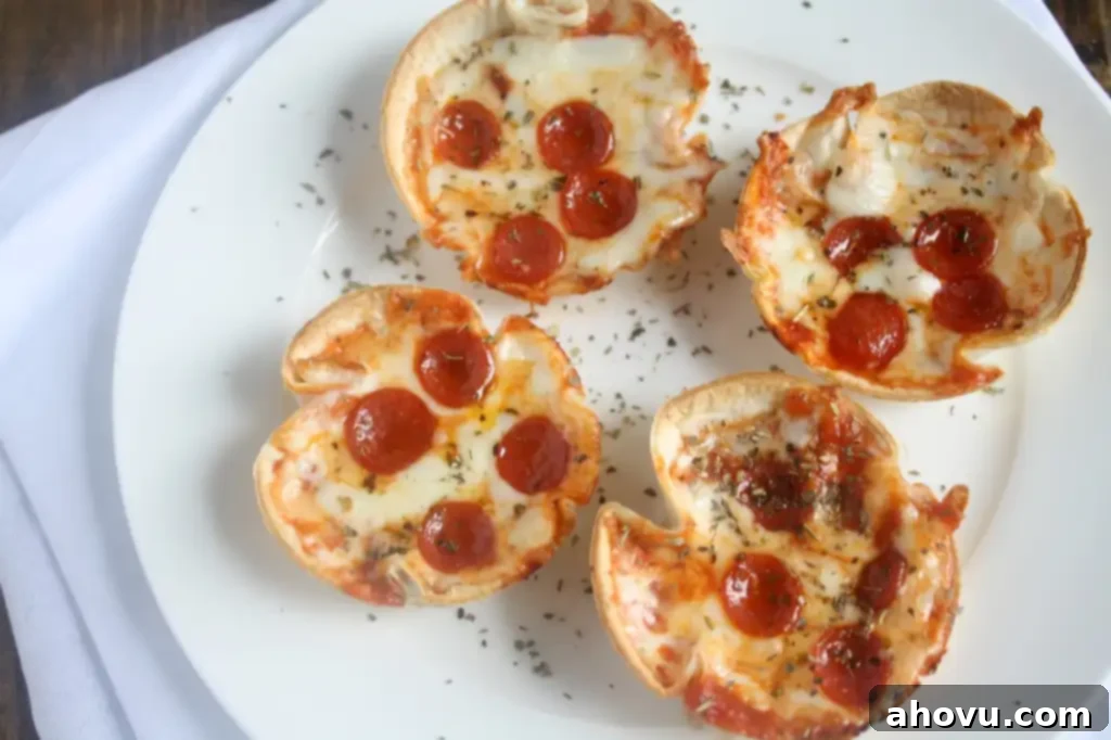 Close-up of freshly baked Mini Tortilla Crust Pizzas