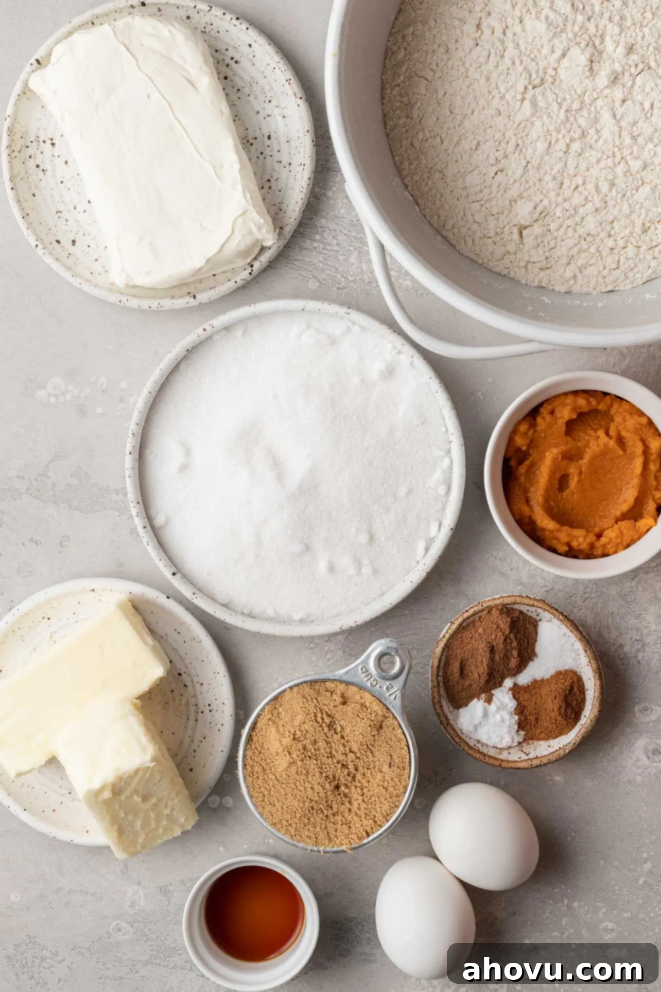 An overhead view of the ingredients needed to make pumpkin cream cheese cookies. 