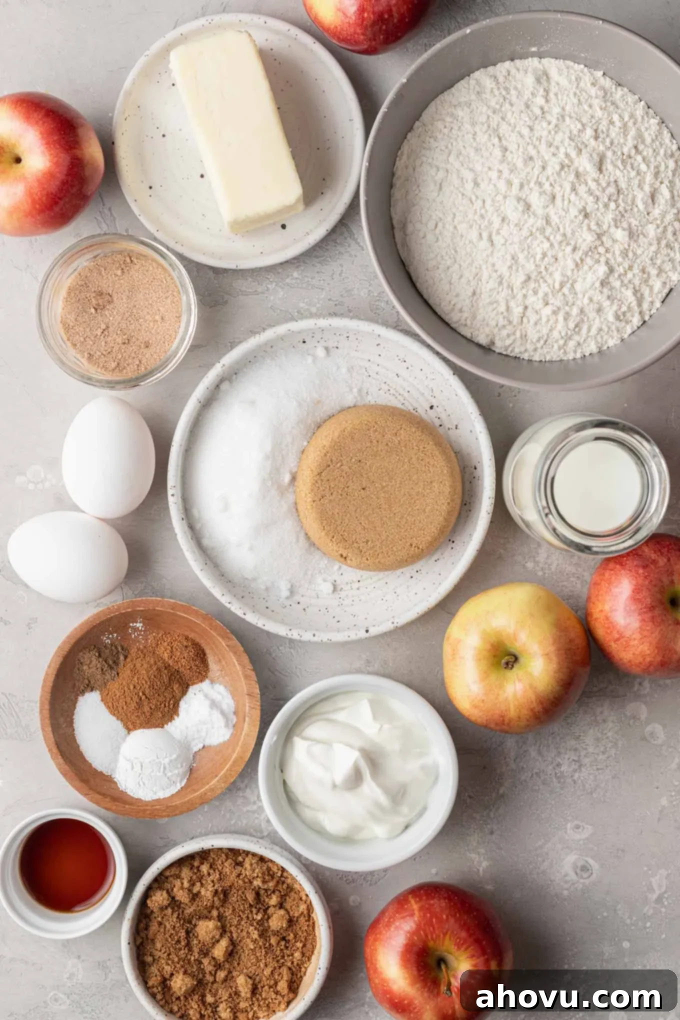 An overhead view of the ingredients needed to make cinnamon apple bread. 