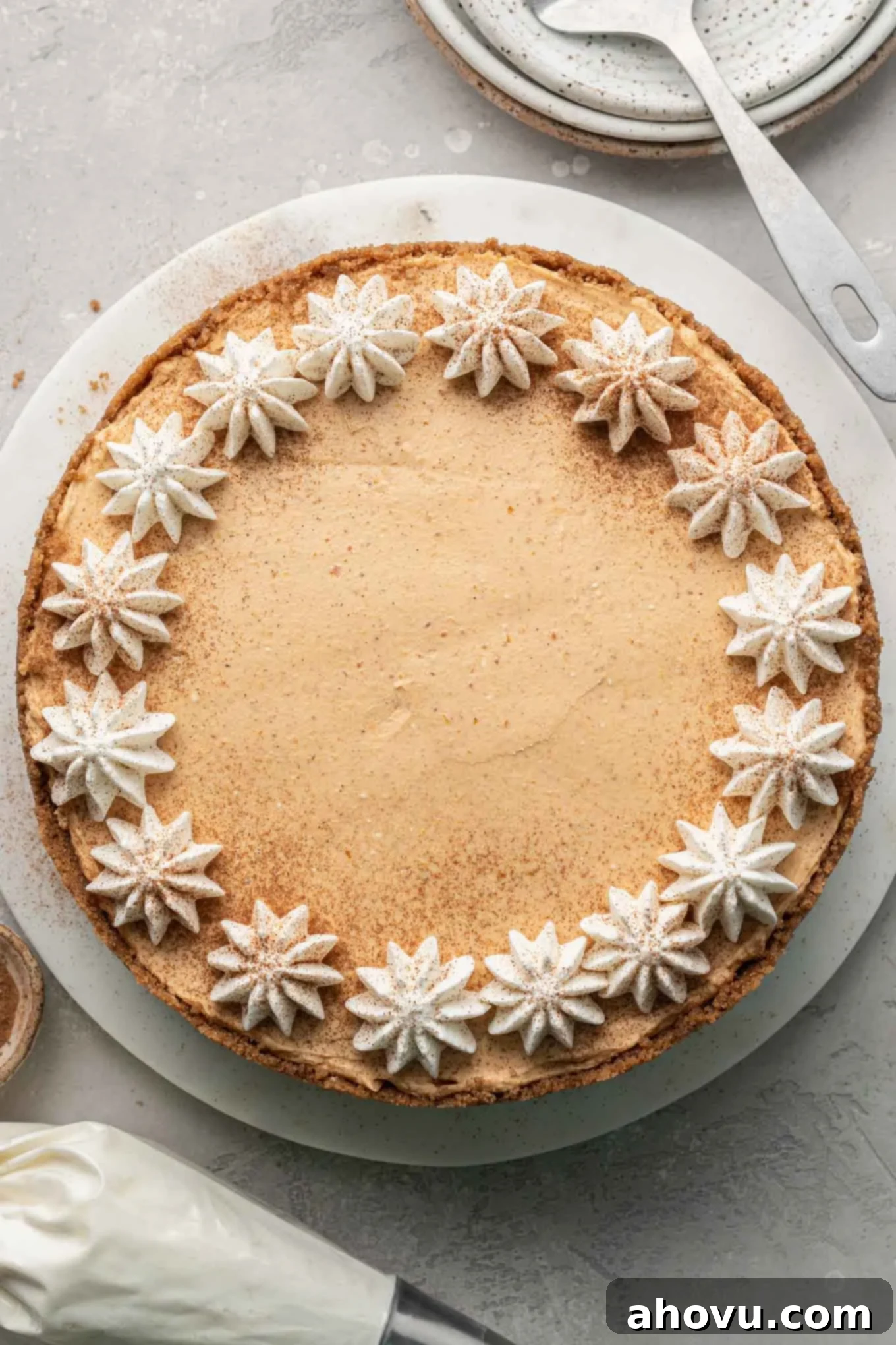 An overhead view of a no-bake pumpkin cheesecake, beautifully garnished and ready to serve.