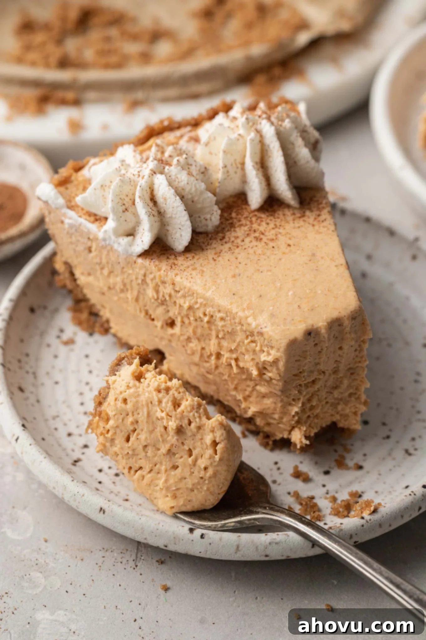 A perfectly portioned slice of pumpkin no-bake cheesecake presented on a speckled dessert plate, with a fork at the side, inviting indulgence.