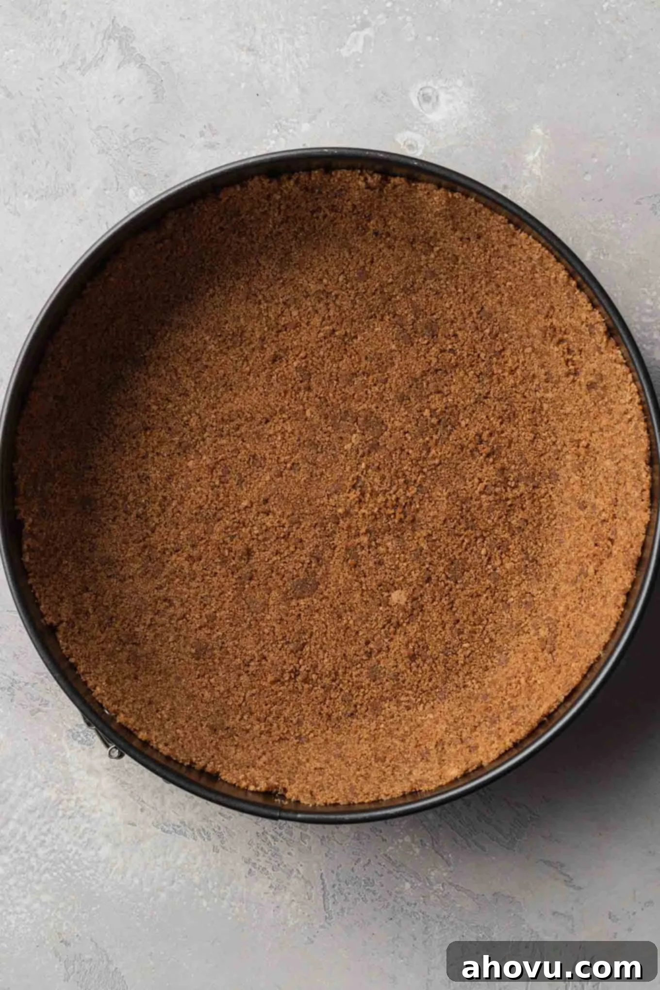An overhead view of a perfectly pressed gingersnap cookie crust in a 9-inch springform pan, ready for the filling.