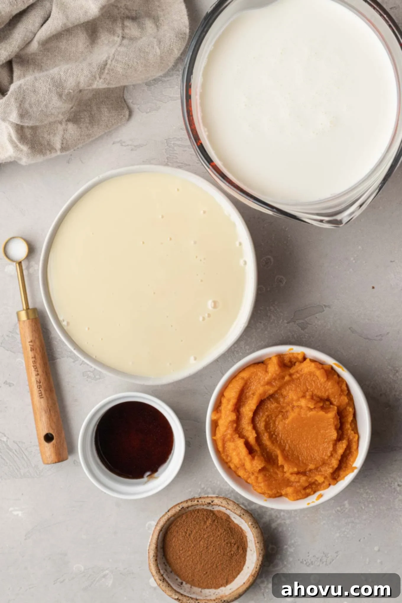 Velvet Pumpkin Swirl 3 An overhead view of the ingredients needed to make no-churn pumpkin spice ice cream.