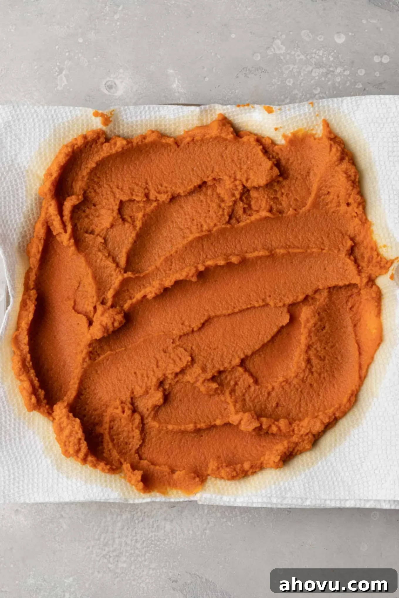 Velvet Pumpkin Swirl 4 An overhead view of pumpkin puree spread over paper towels.