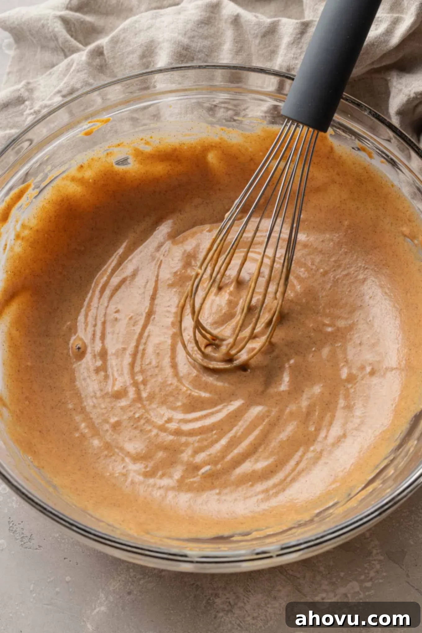 Velvet Pumpkin Swirl 5 An overhead view of a pumpkin puree mixture being prepared for ice cream.