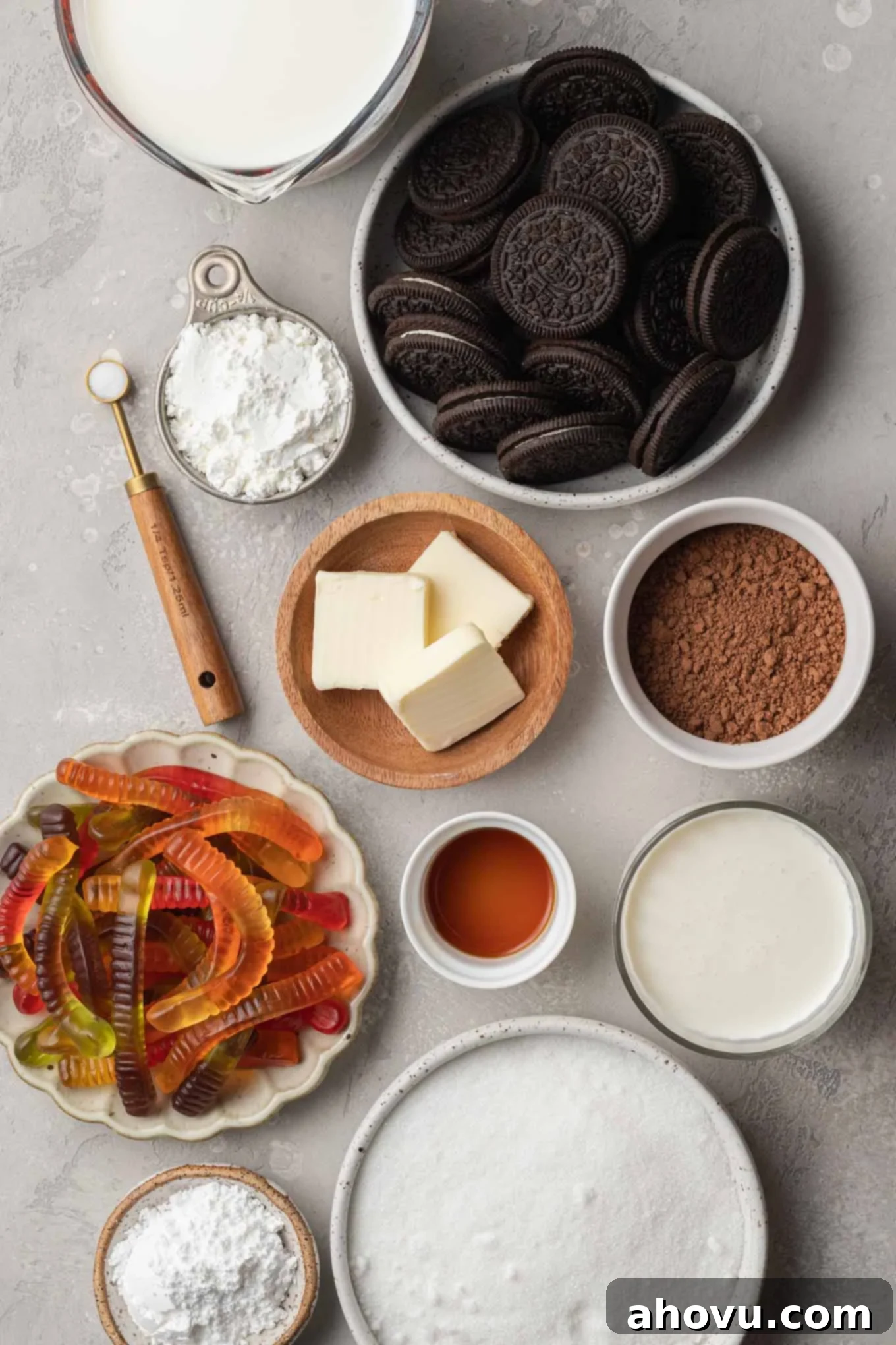 An overhead view of the fresh, high-quality ingredients needed to make delicious homemade dirt cups.