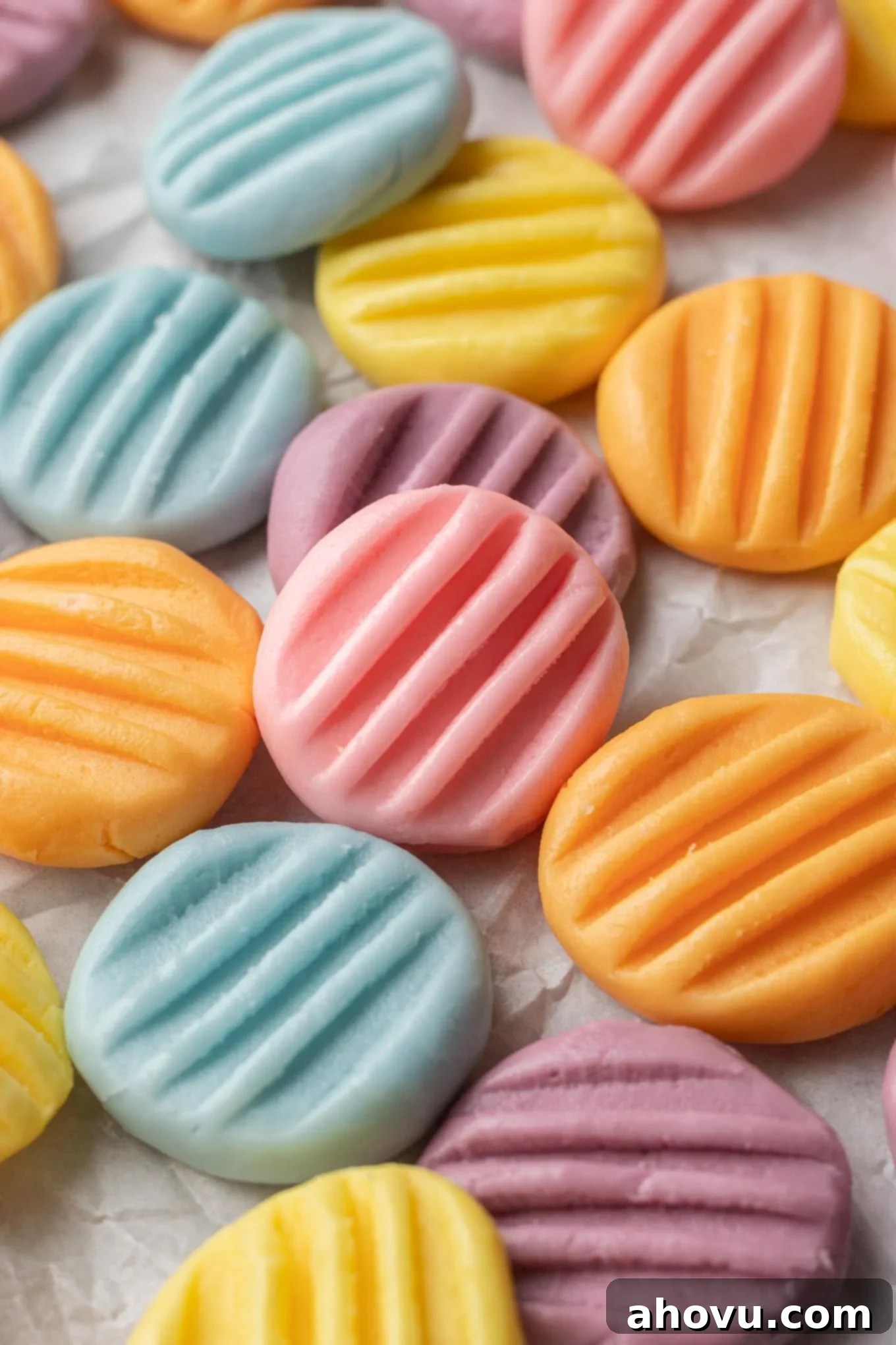 Creamy Dream Mints 12 An up-close view of an assortment of pastel-colored cream cheese mints scattered on parchment paper, ready to be enjoyed.