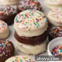 Three ritz cookies coated in white and semisweet chocolate stacked on top of each other.