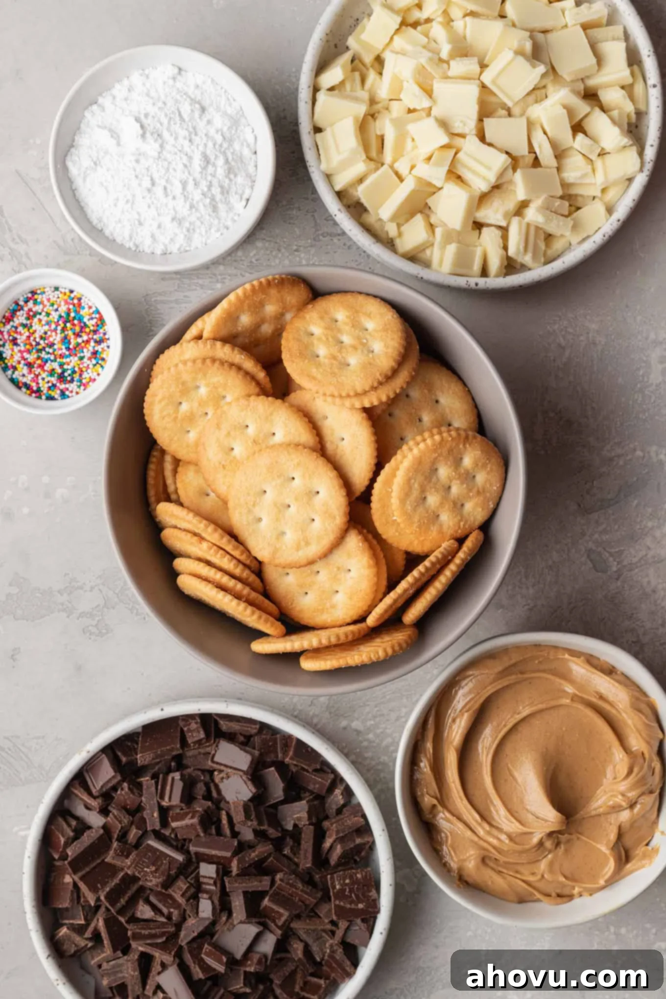 An overhead view of the ingredients needed for Ritz cookies. 