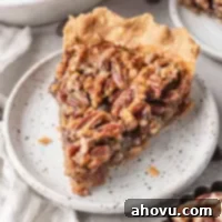 Decadent Chocolate Pecan Dream 14 A slice of chocolate pecan pie on a speckled white plate.