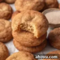Three snickerdoodles stacked on top of each other. The top cookie has a bite missing.