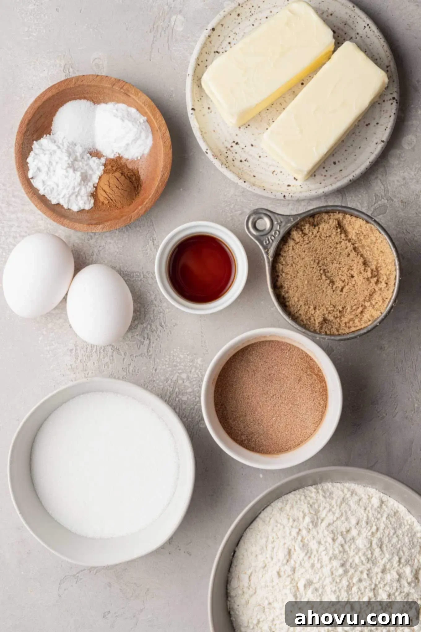 An overhead view of the ingredients needed to make snickerdoodles with brown butter. 
