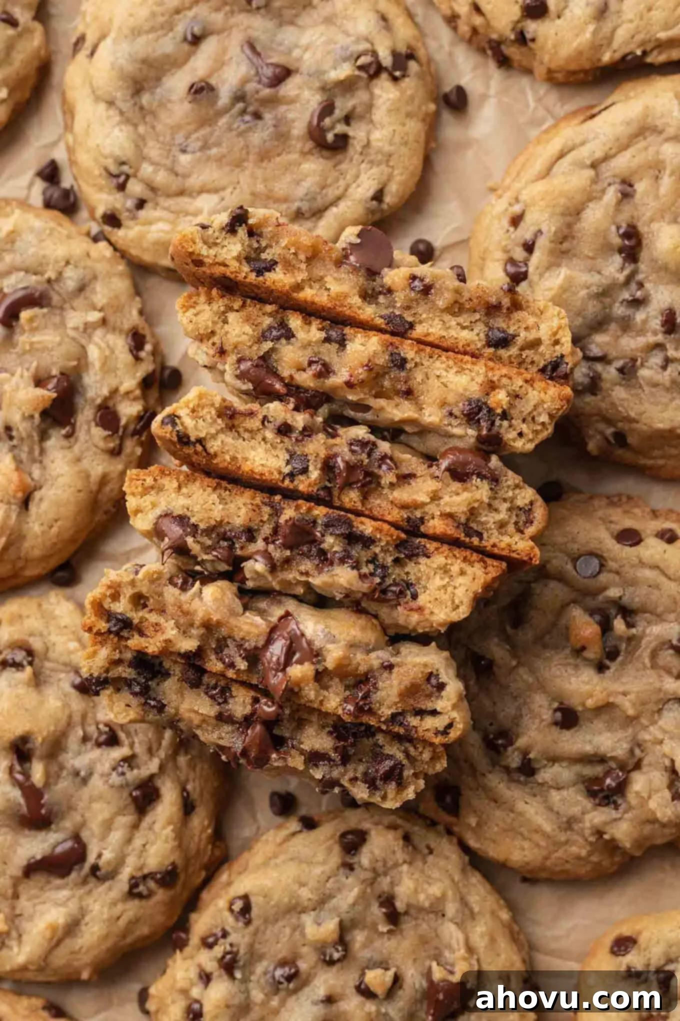 An overhead view of several chocolate chip cookies on a piece of brown parchment paper. Three of the cookies are broken in half to show the texture.