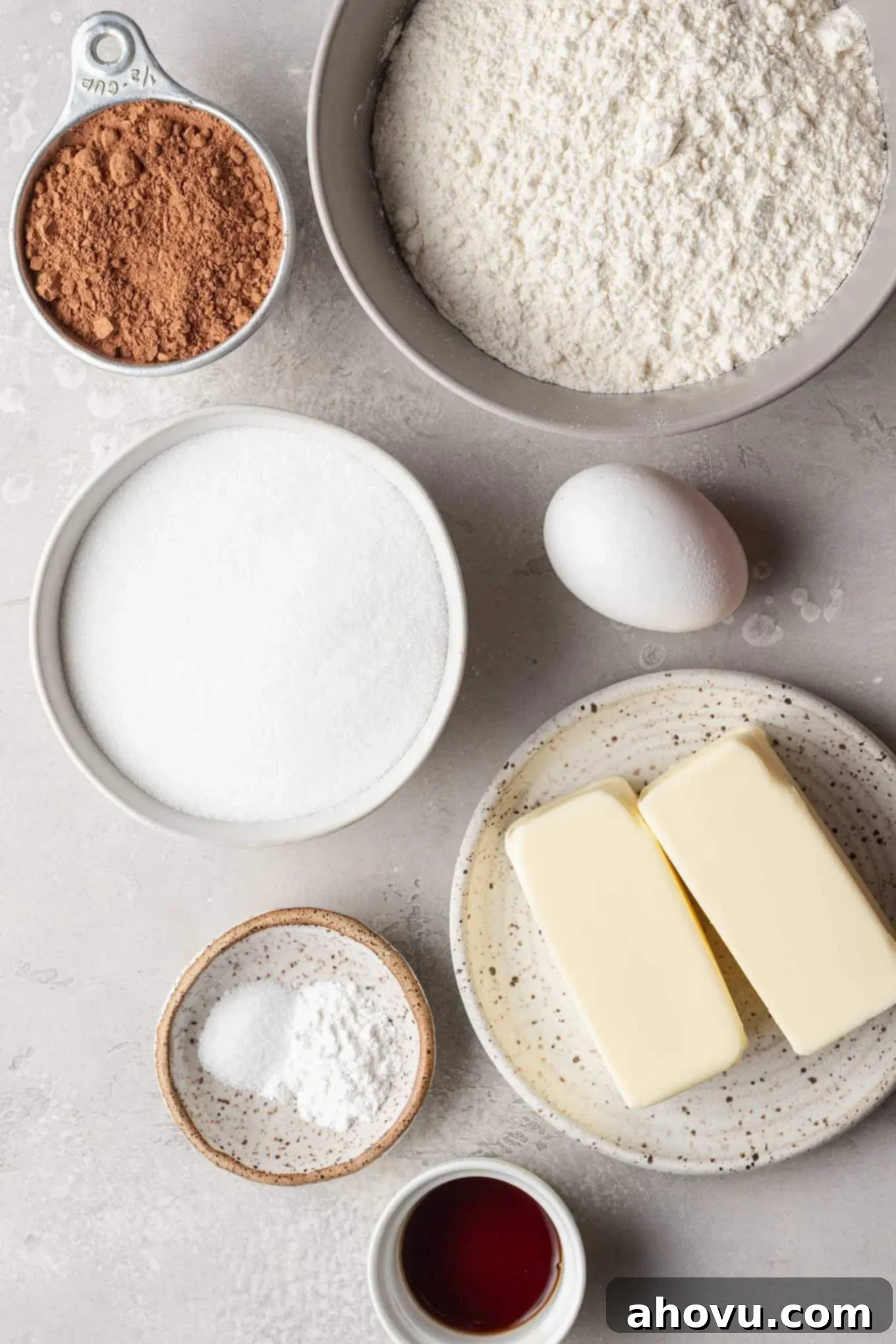 An overhead view of all the essential ingredients neatly laid out for making delicious chocolate sugar cookies.
