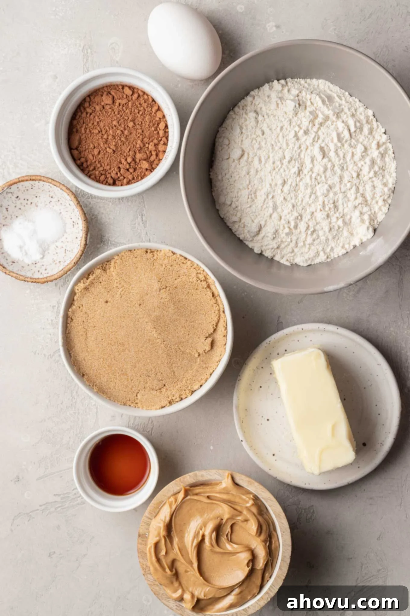 An overhead view of the ingredients needed for chocolate peanut butter cookies. 