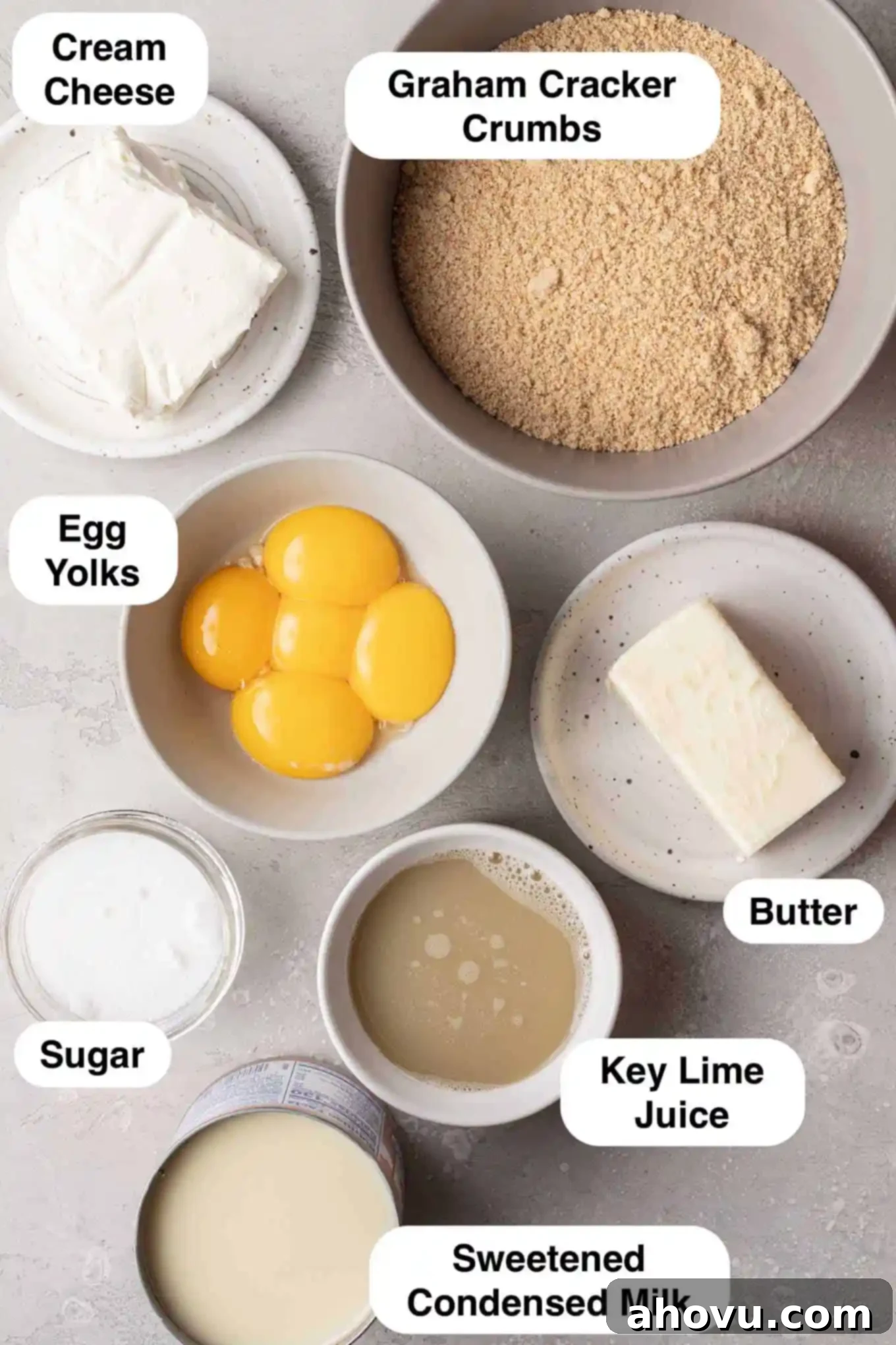 An overhead view of the ingredients needed for homemade key lime bars. 