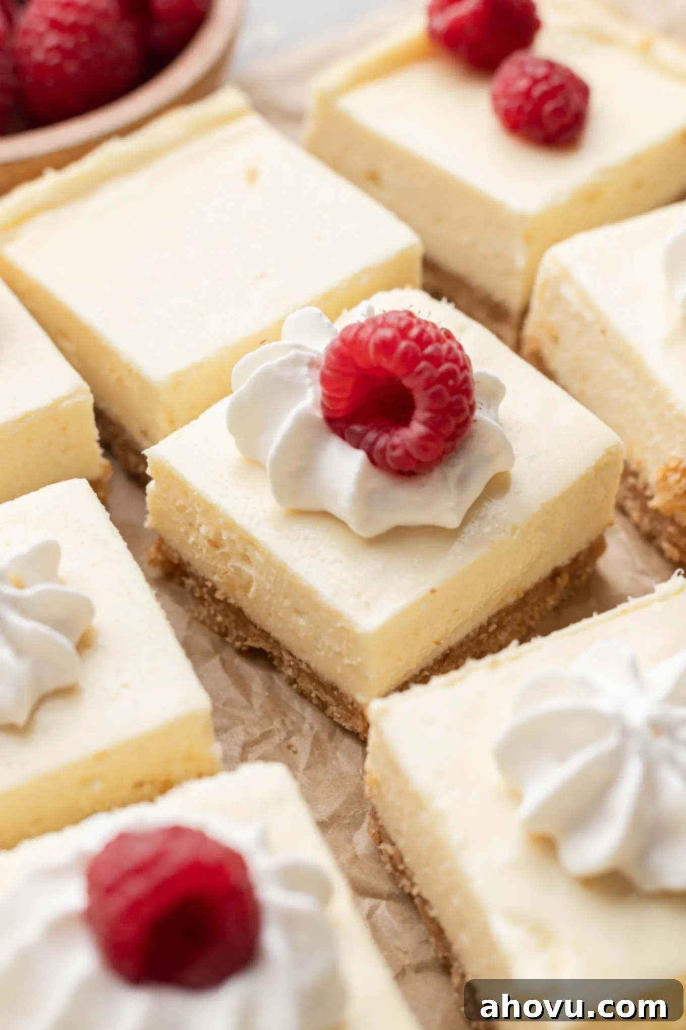 Creamy Cheesecake Squares 2 Sliced cheesecake bars topped with whipped cream and fresh raspberries.