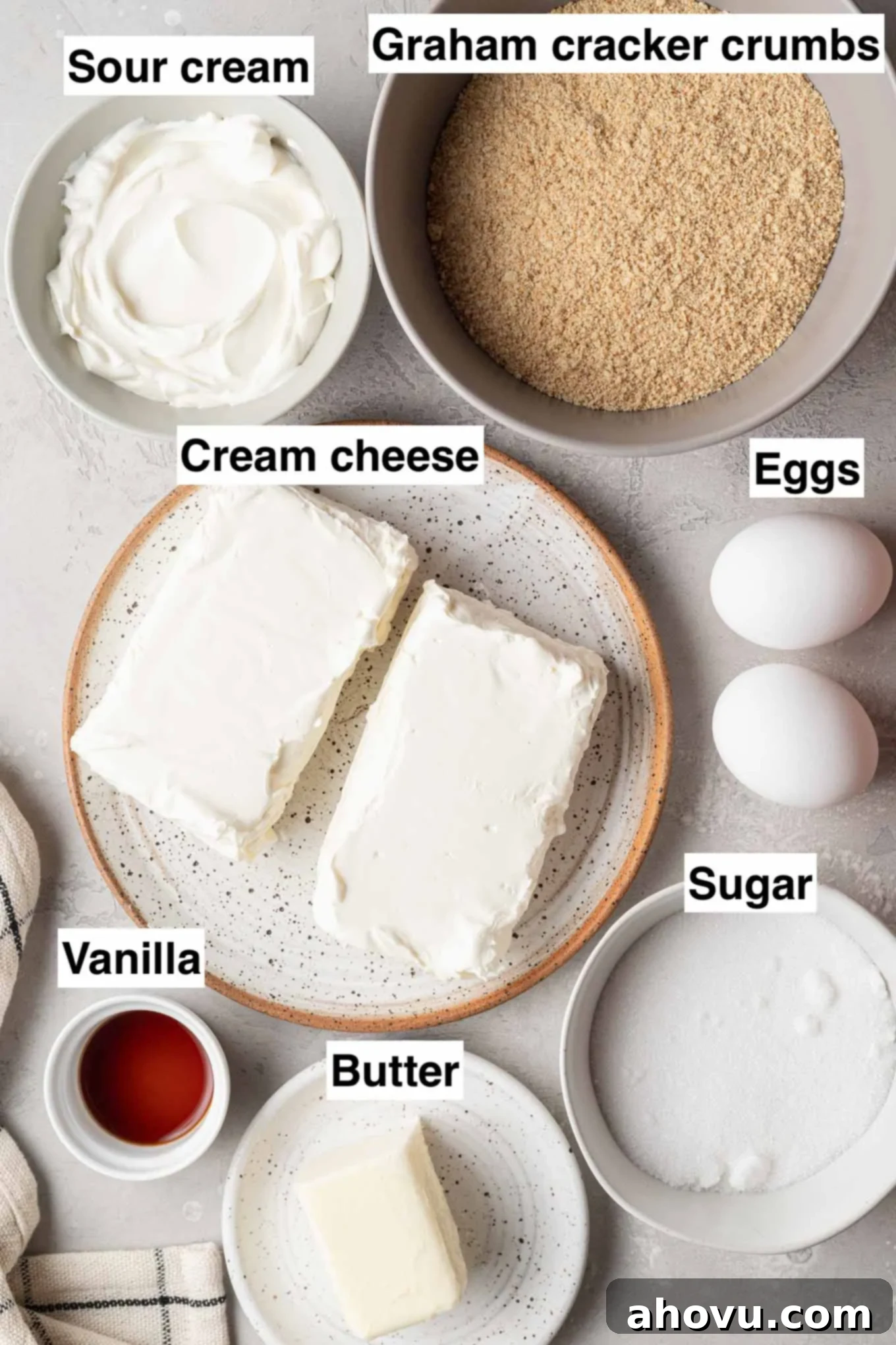 Creamy Cheesecake Squares 3 An overhead view of the ingredients needed to make creamy homemade cheesecake bars.
