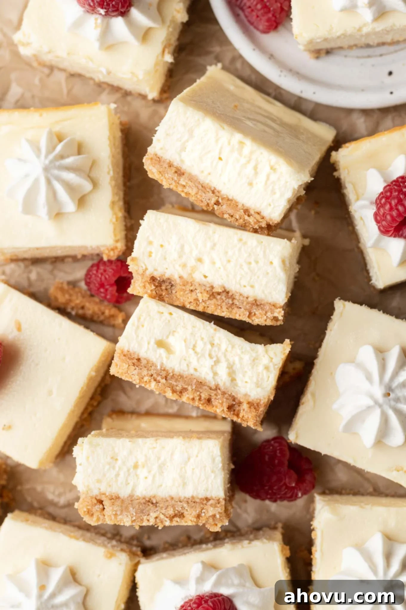 Creamy Cheesecake Squares 10 An overhead view of four cheesecake bars turned on their sides and lined up.