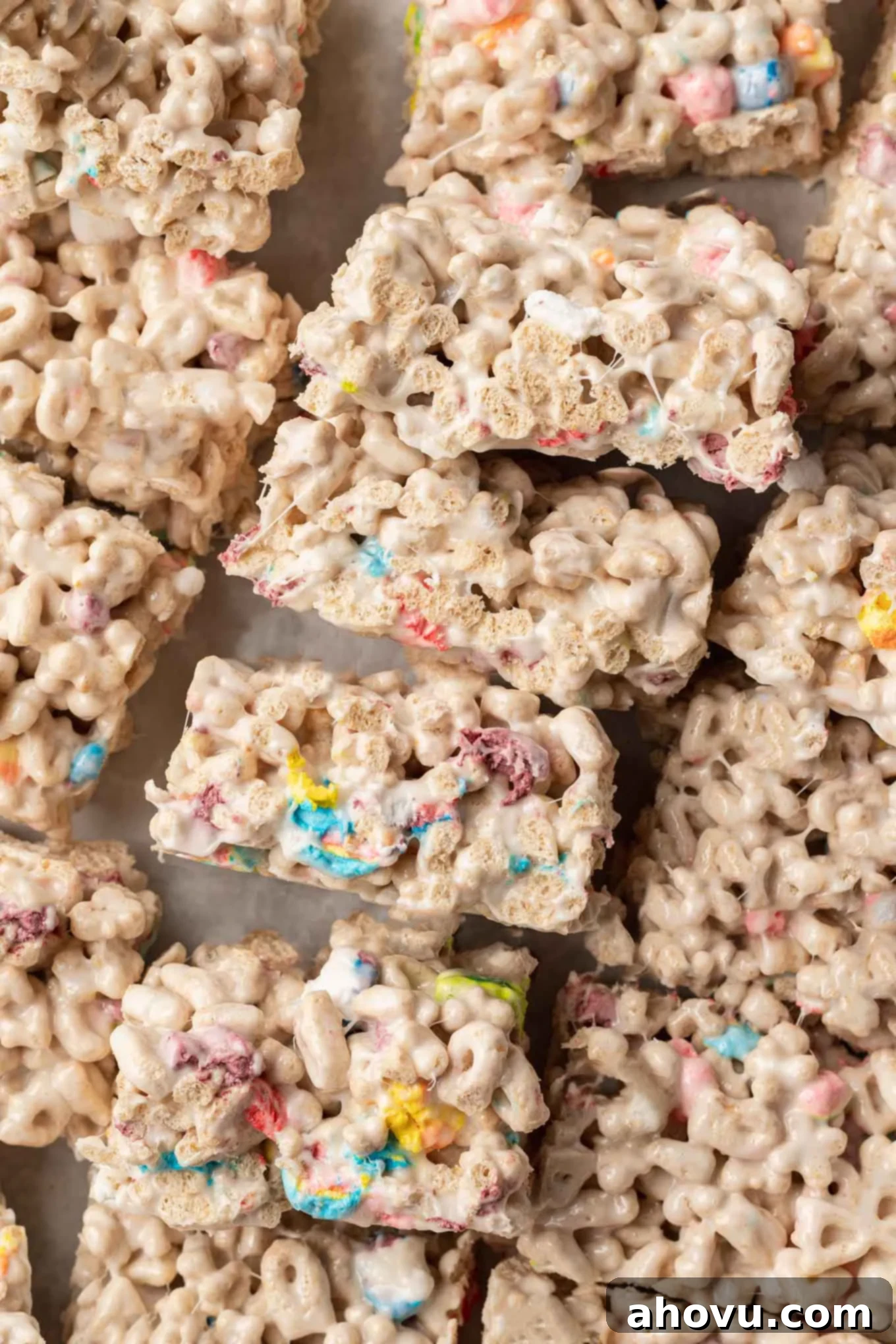 Lucky Charms Treats 8 An overhead view of perfectly sliced Lucky Charms bars, arranged artfully on their sides, ready for serving.