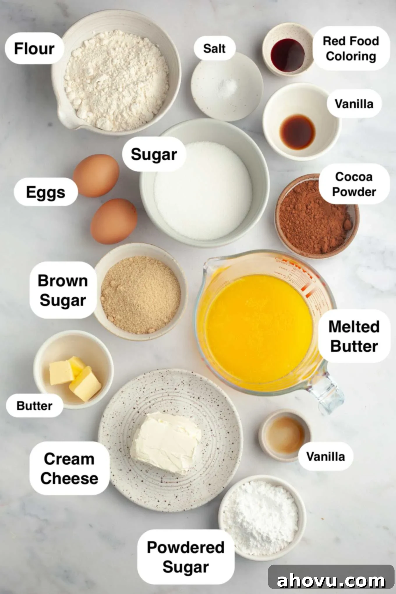 An overhead view of the various ingredients needed to make these red velvet brownies. 