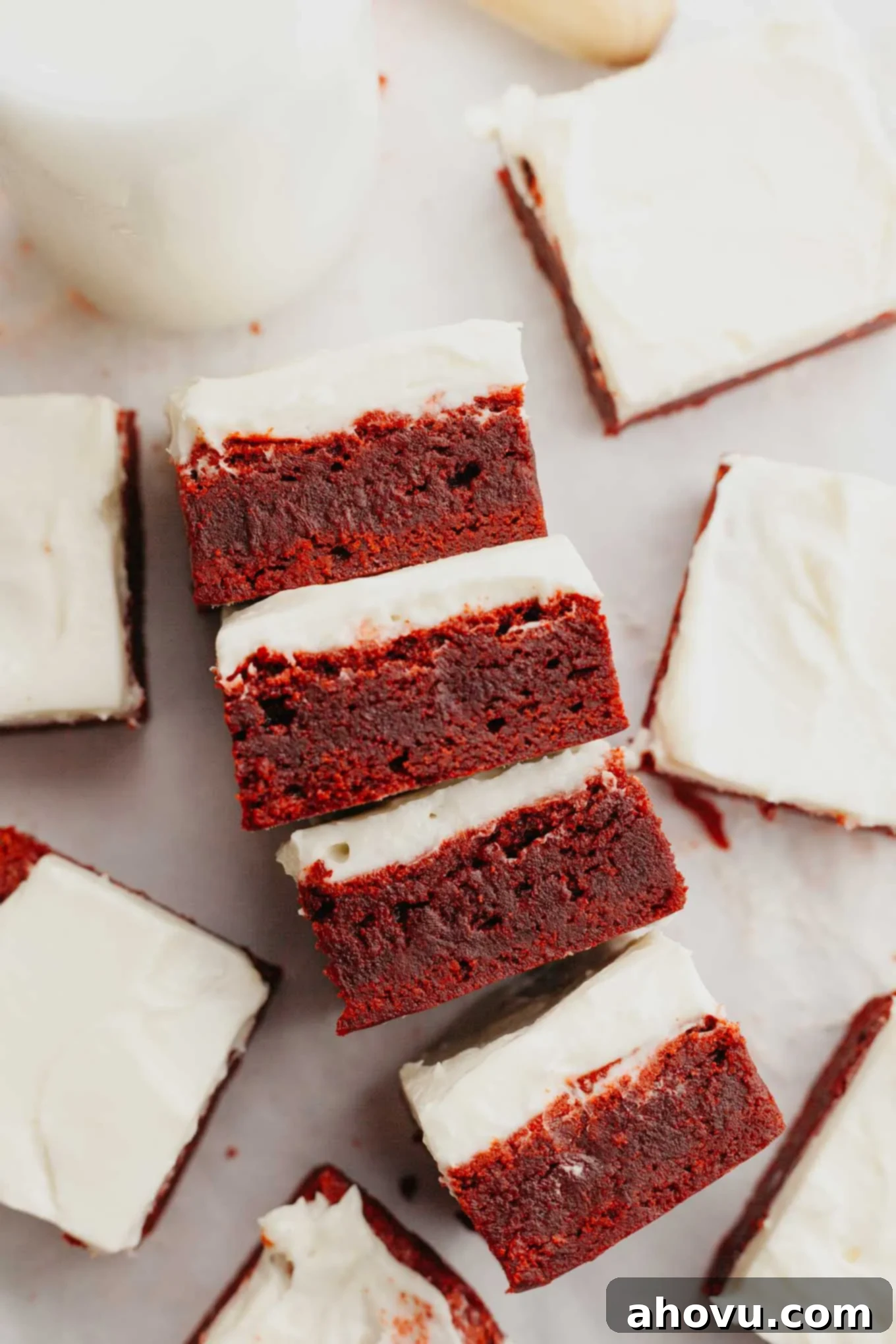 An overhead view of several red velvet brownies laying on their sides.