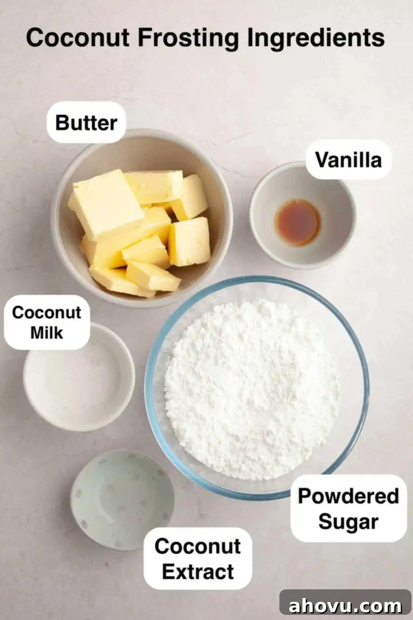 An overhead view of the primary ingredients required for preparing the creamy coconut frosting.