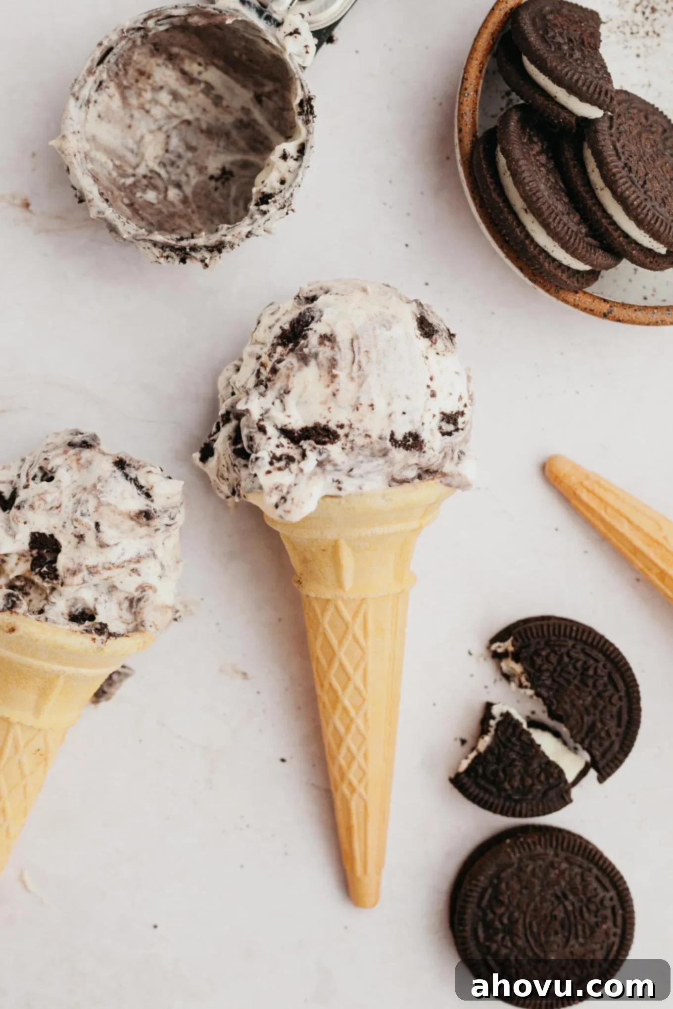 Midnight Cookie Dream 2 An overhead view of an Oreo ice cream come lying on its side on the countertop.
