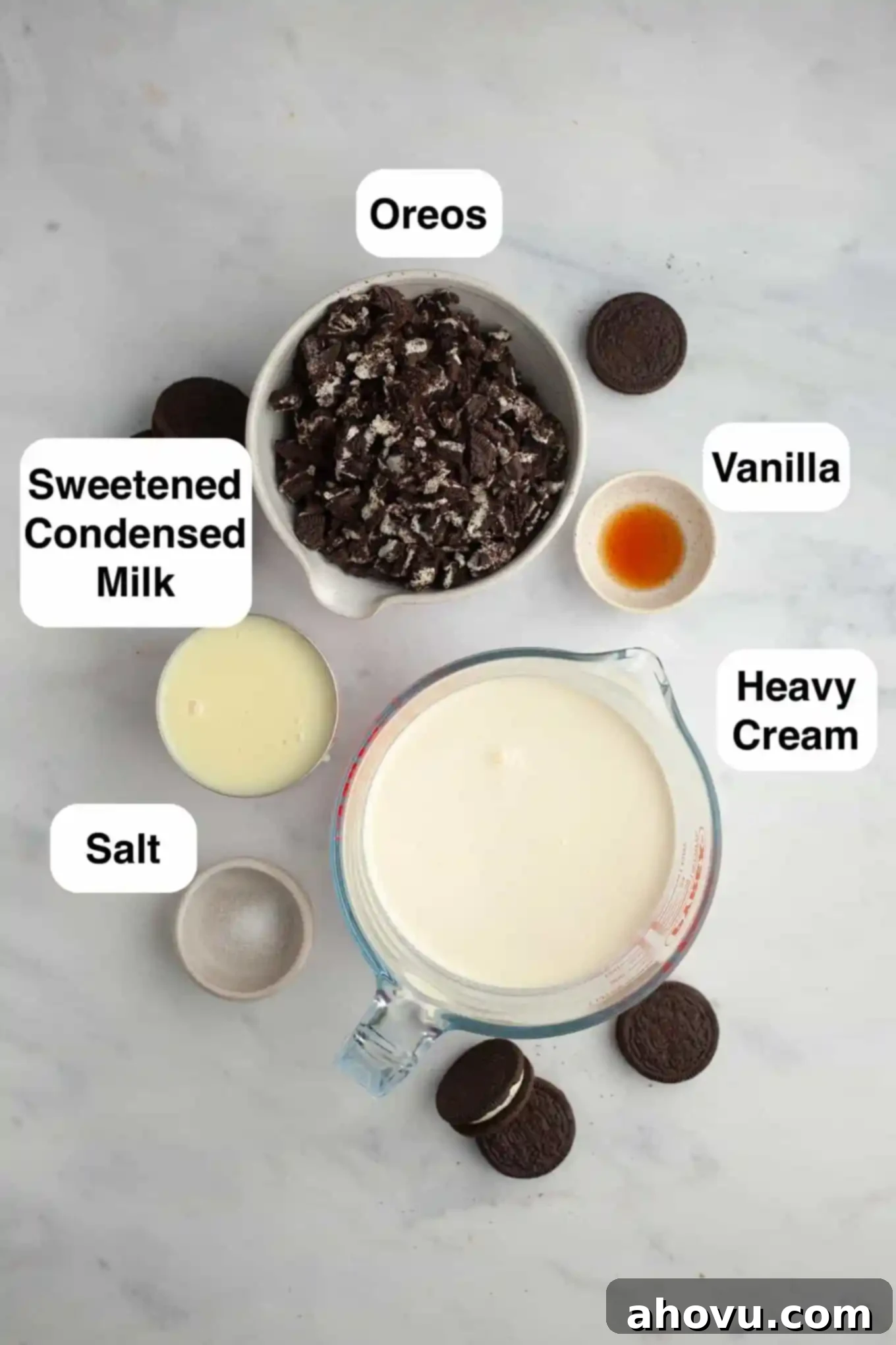 Midnight Cookie Dream 3 An overhead view of the ingredients needed for no churn Oreo ice cream.