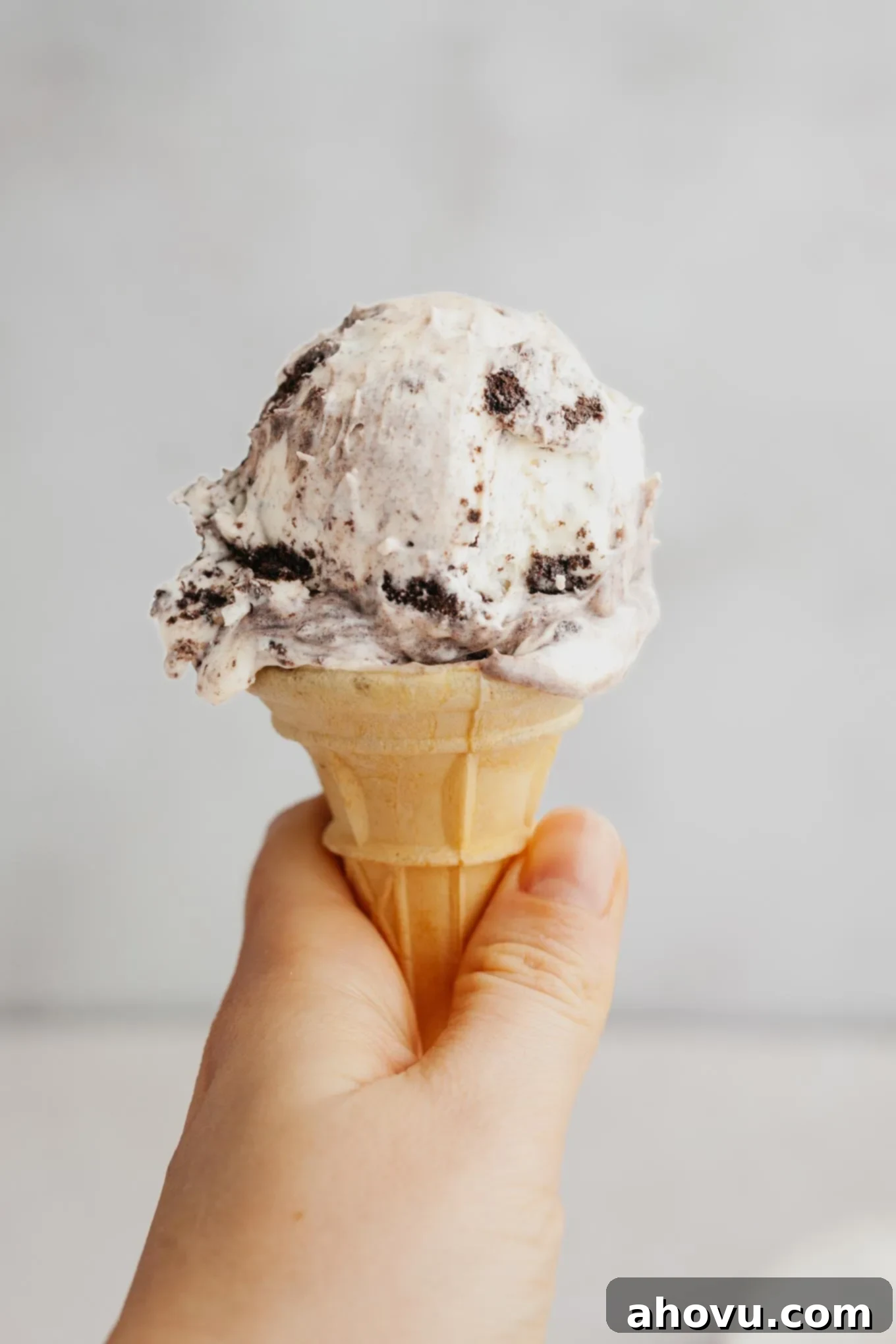 Midnight Cookie Dream 9 An Oreo ice cream cone being held aloft.