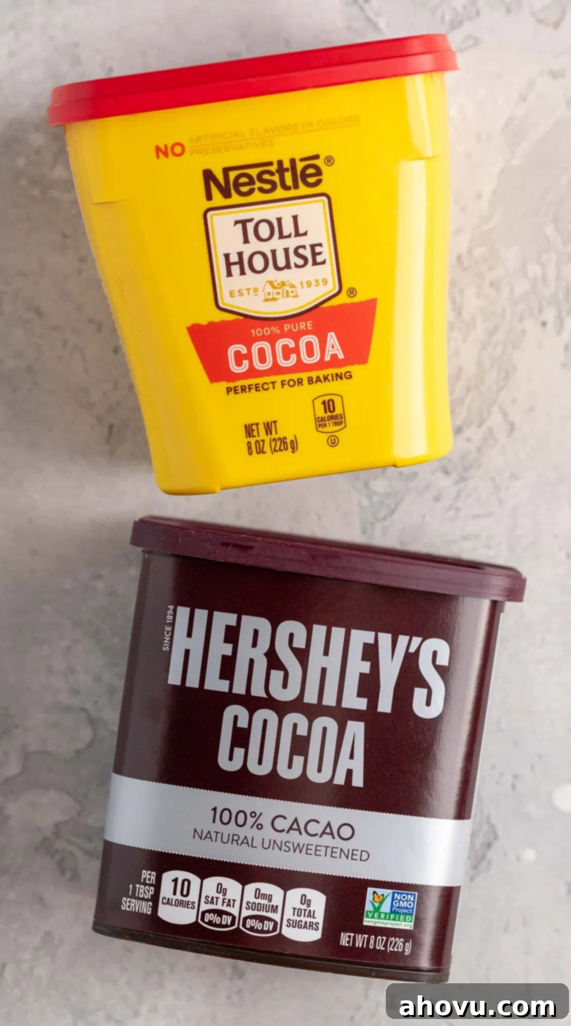 An overhead view of Nestle cocoa powder and Hershey's cocoa powder.
