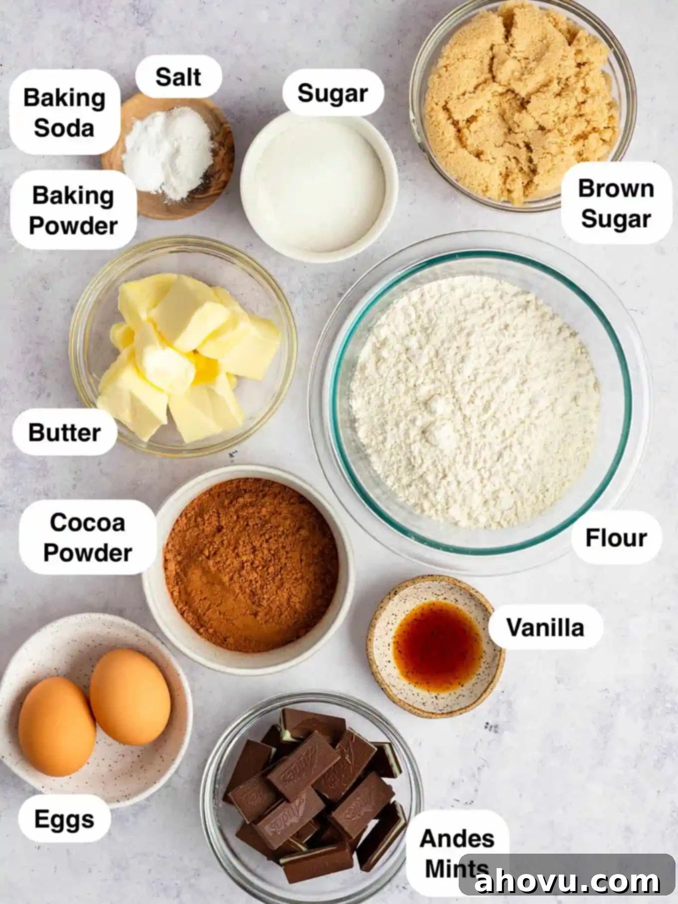 An overhead view of all the essential ingredients laid out on a clean surface, meticulously measured and prepared for making delicious Andes mint cookies.