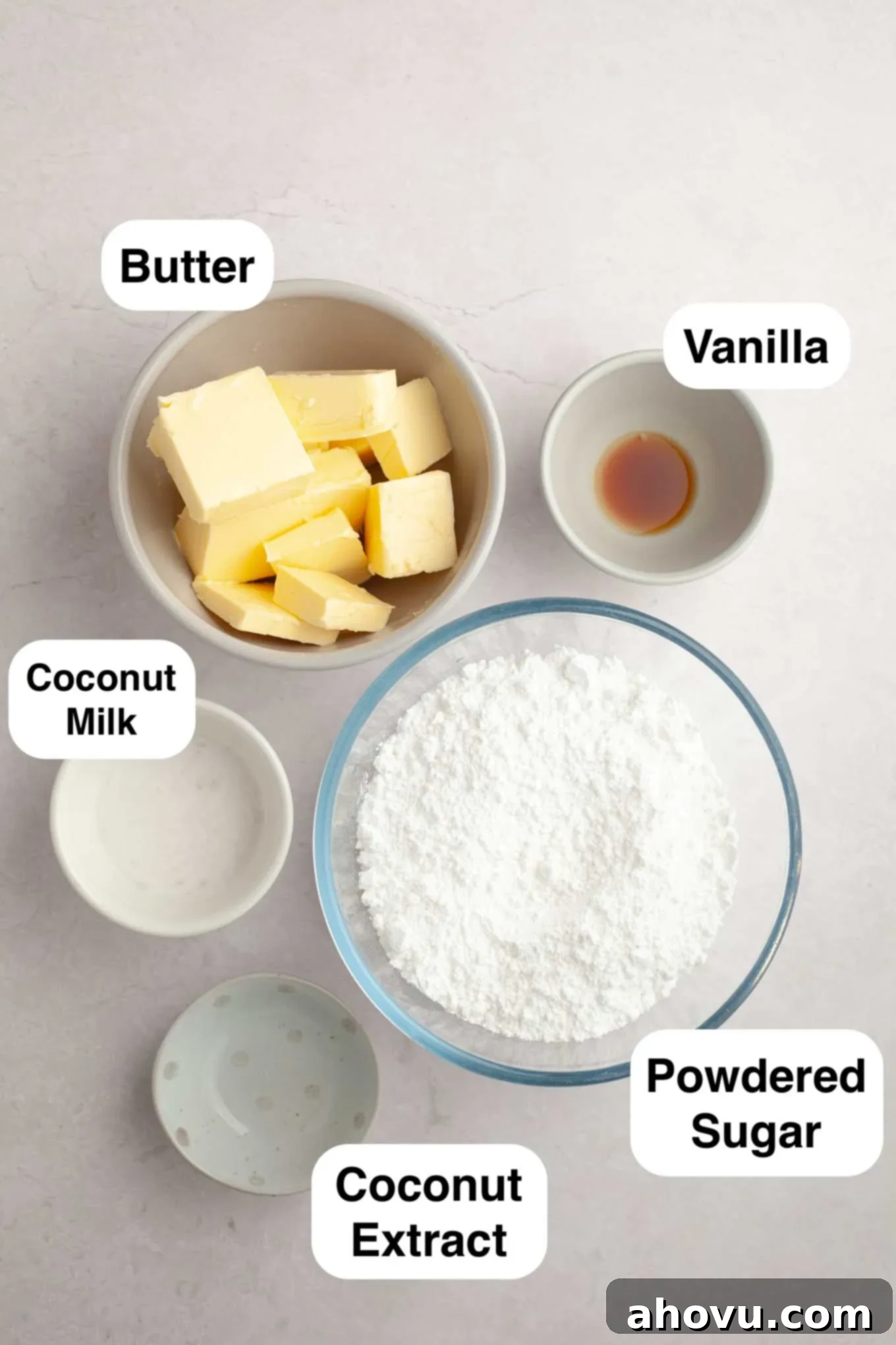 An overhead view showcasing all the essential ingredients laid out neatly, ready to be transformed into rich coconut frosting.