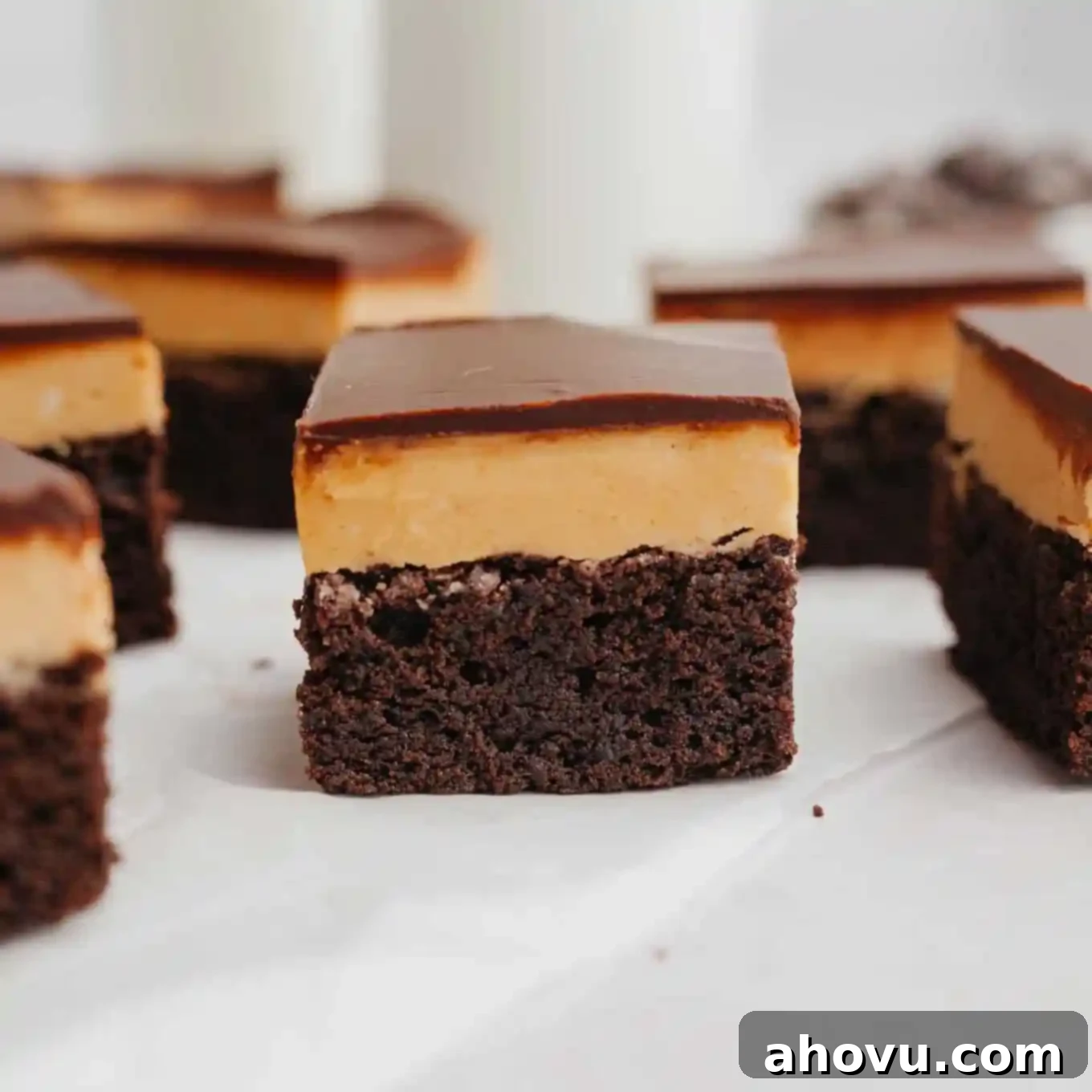 Buckeye Bliss Brownies 11 A close-up side view of layered peanut butter fudge brownies, highlighting the distinct layers of chocolate, peanut butter, and a final chocolate topping.