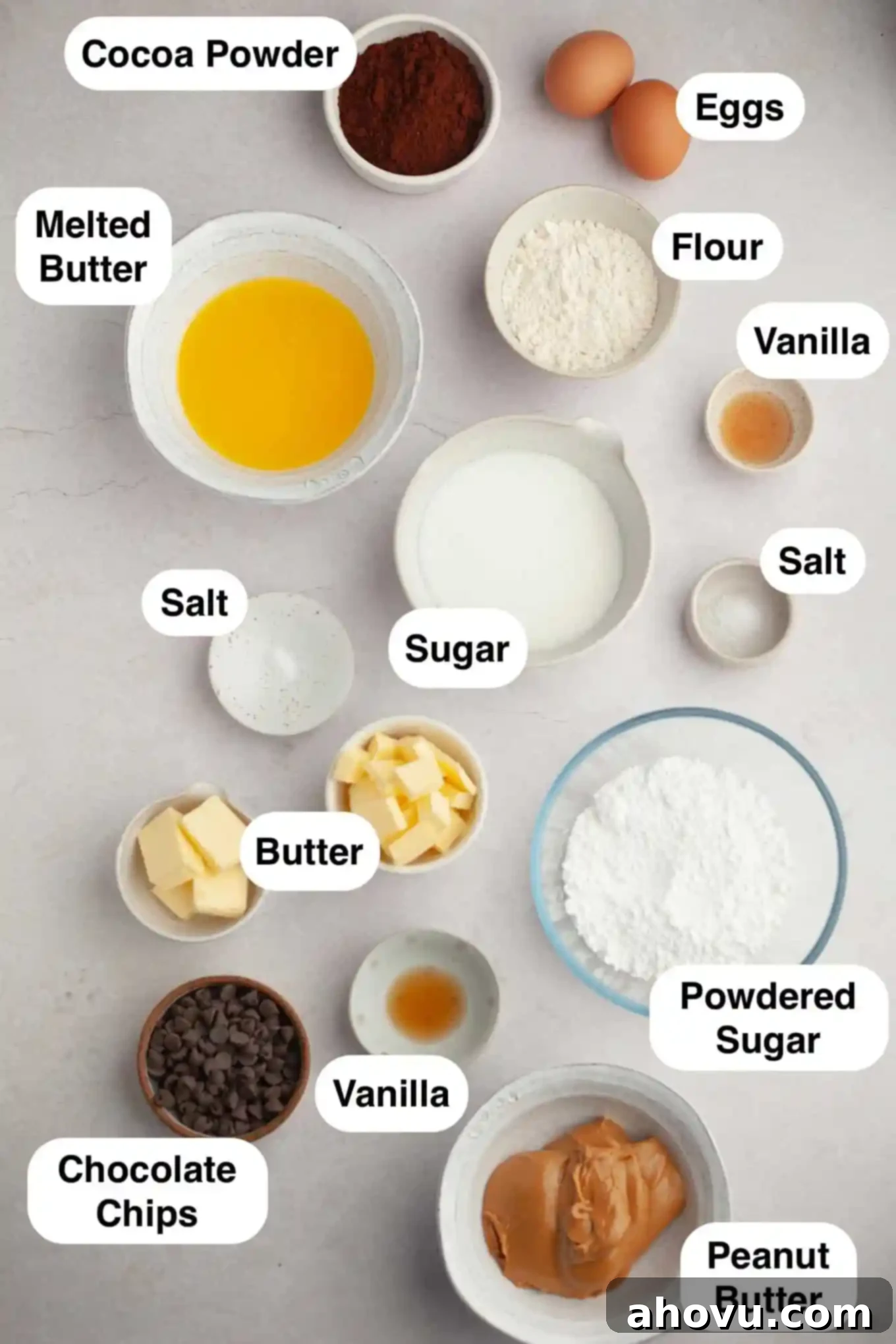 Buckeye Bliss Brownies 3 An overhead view of the key ingredients required for baking Buckeye brownies, neatly arranged on a kitchen counter.