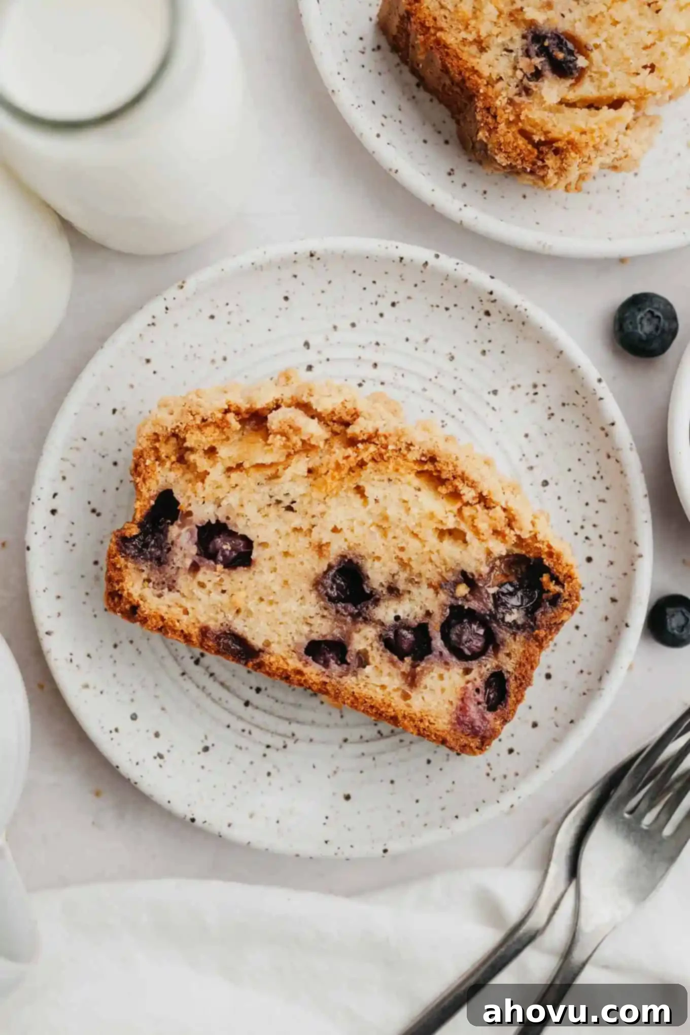An overhead view of a slice of blueberry streusel bread on a speckled white plate. 