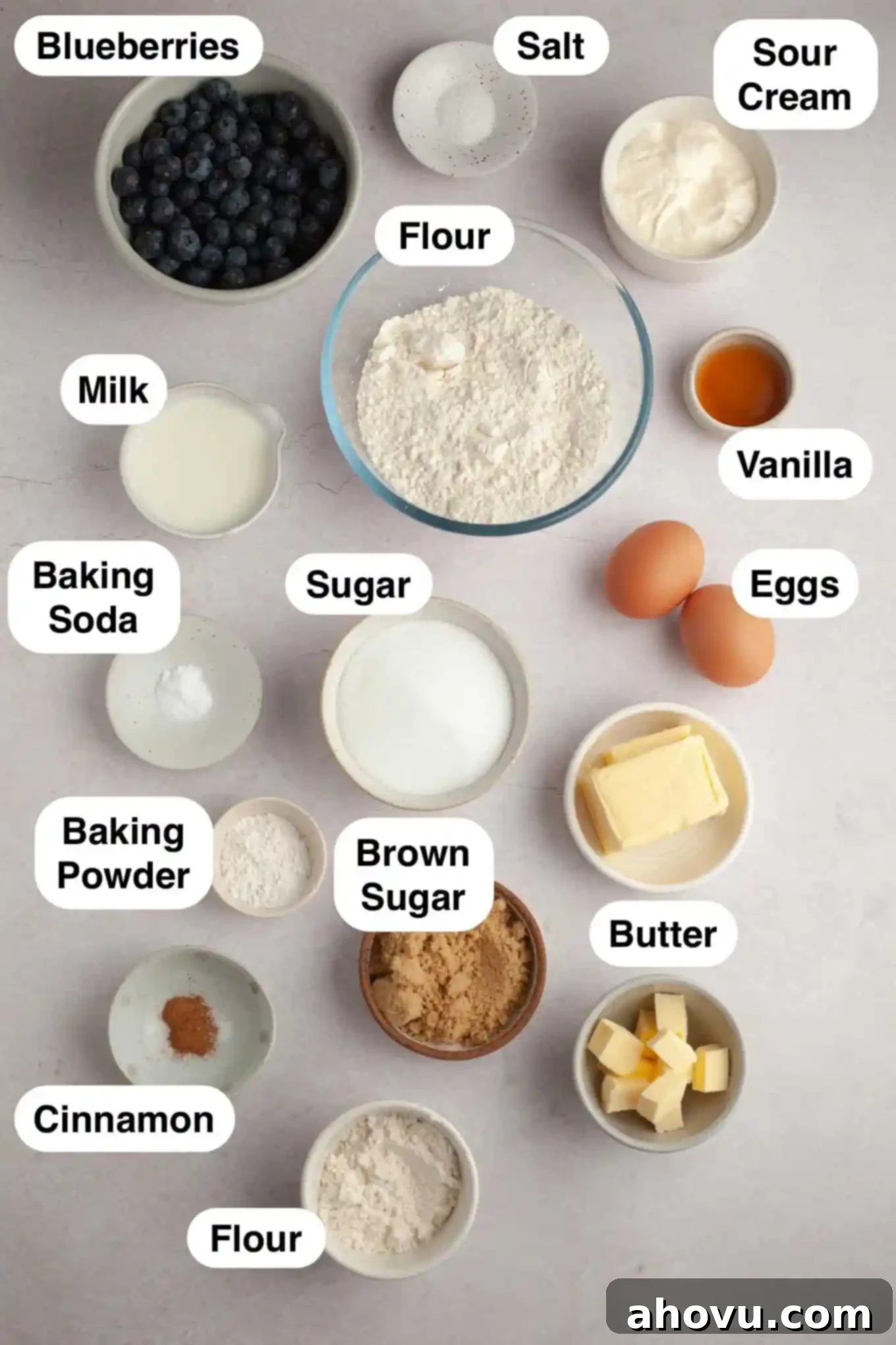 An overhead view of the ingredients for blueberry bread with streusel topping. 