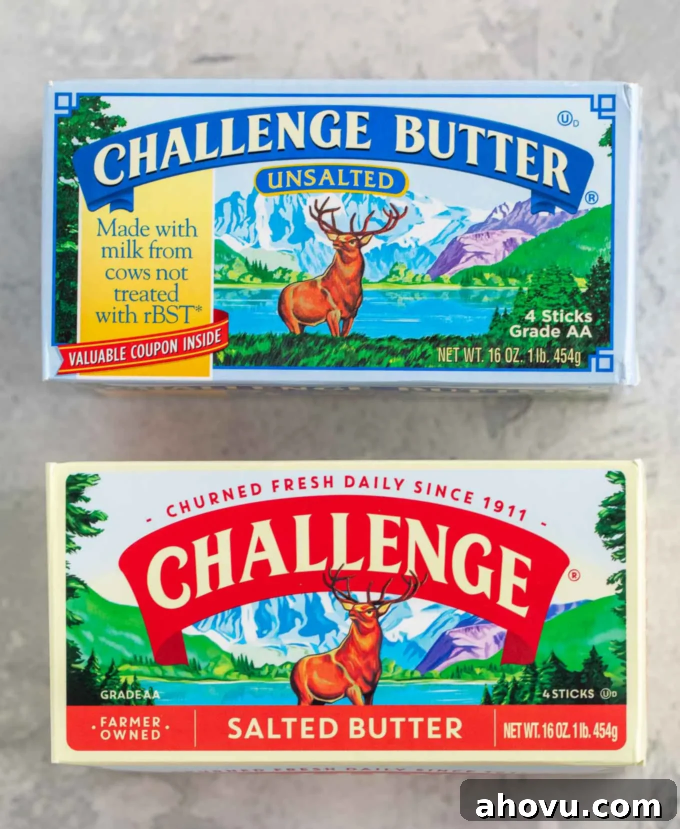 A box of unsalted butter and salted butter laying side by side.