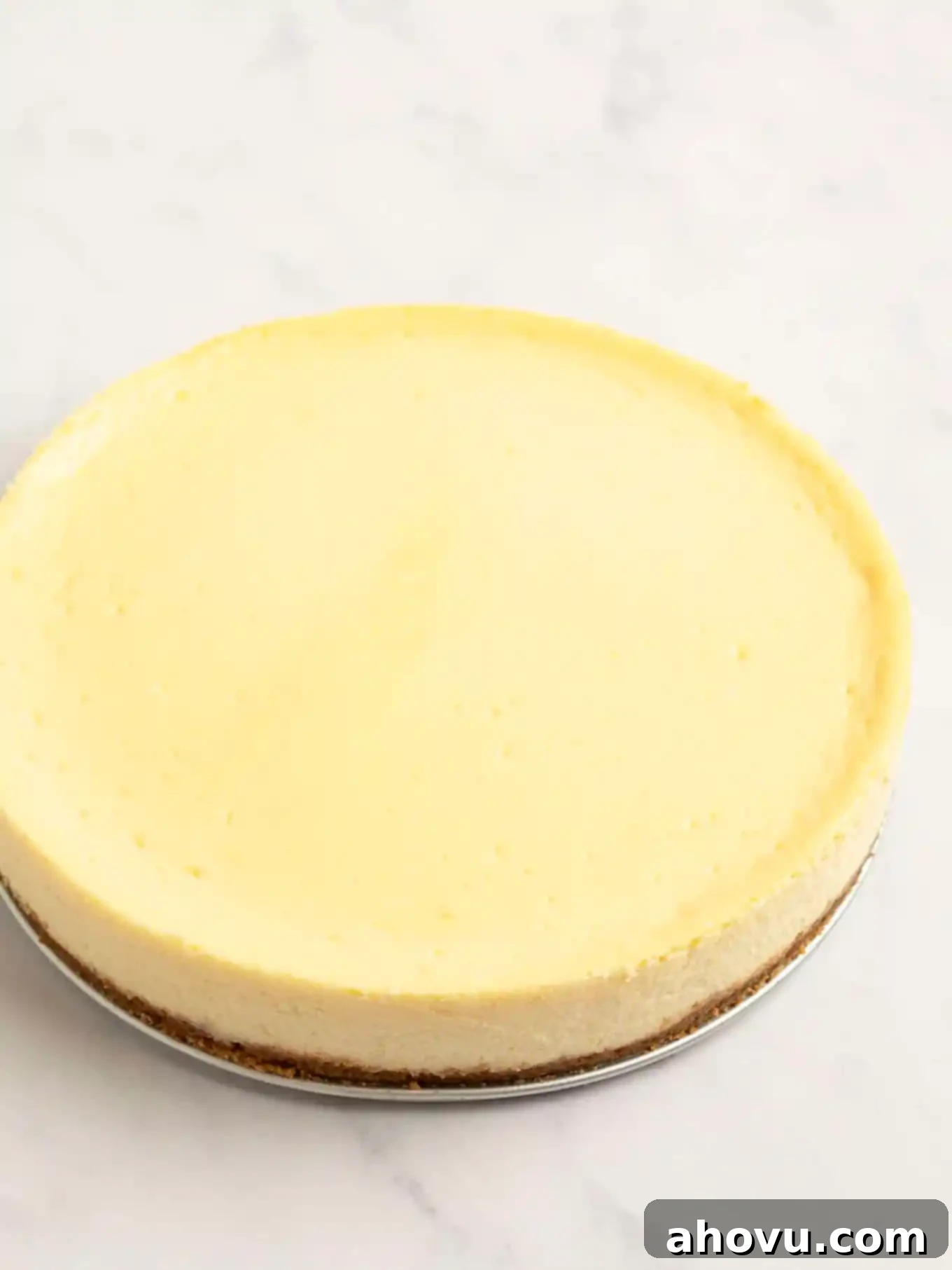 Your Guide to a Perfect Cheesecake Water Bath 11 A cheesecake that's been baked in a water bath sitting on top of a marble surface.