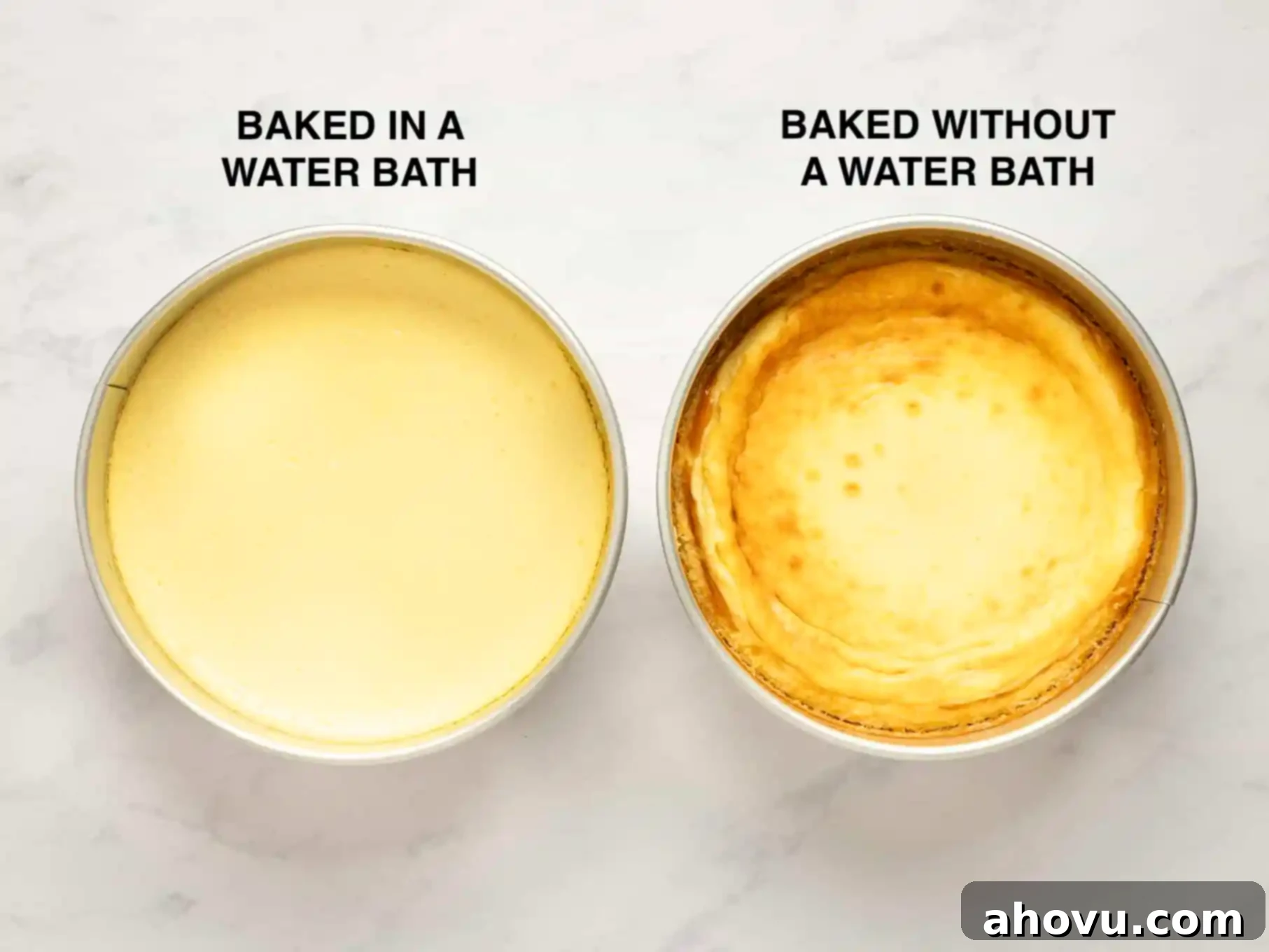 Your Guide to a Perfect Cheesecake Water Bath 3 A side by side comparison of two cheesecakes. The one on the left was baked in a water bath and the one on the right was baked without a water bath.