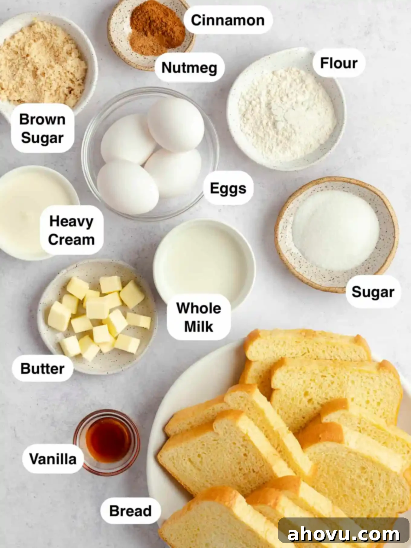 An overhead view of all of the ingredients needed to make French toast muffins.