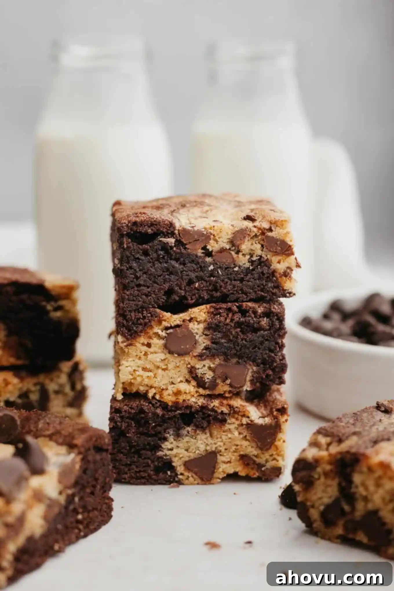 Gems of the Current 2 A stack of three brookies, with glass milk jugs in background.
