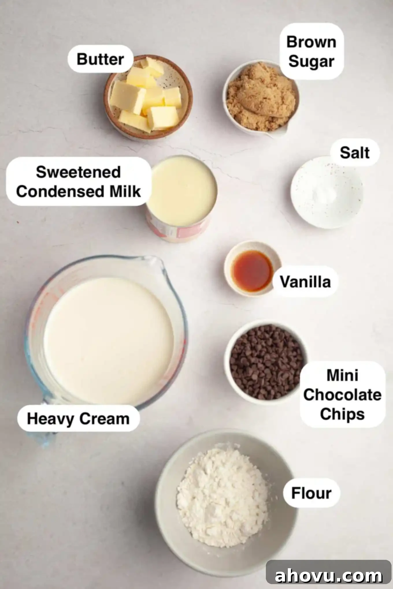 An overhead view of the ingredients needed to make homemade cookie dough ice cream.