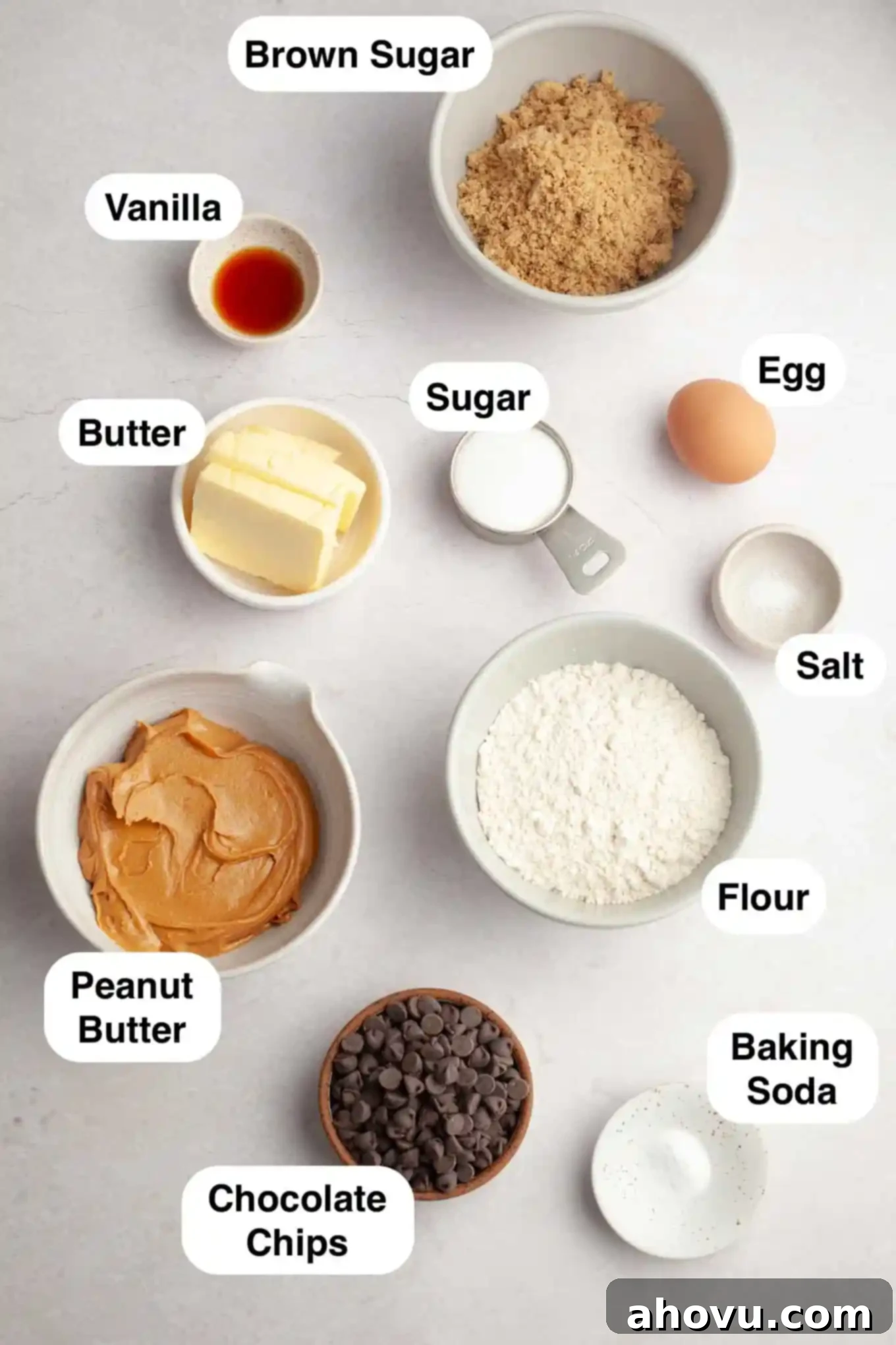 Irresistible Peanut Butter Chocolate Chip Cookies 3 An overhead view of the ingredients needed to make peanut butter cookies with chocolate chips.