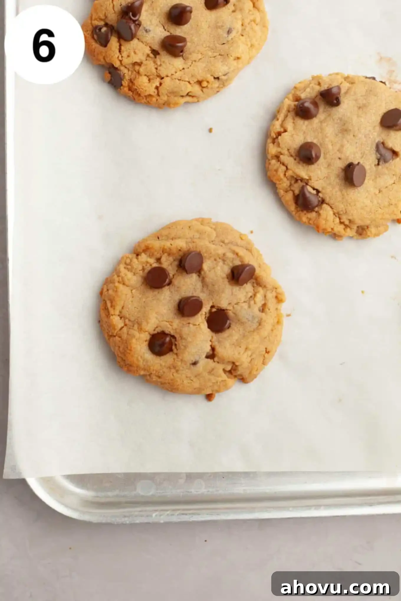 Irresistible Peanut Butter Chocolate Chip Cookies 9 Baked chocolate chip peanut butter cookies on a parchment paper-lined baking sheet.