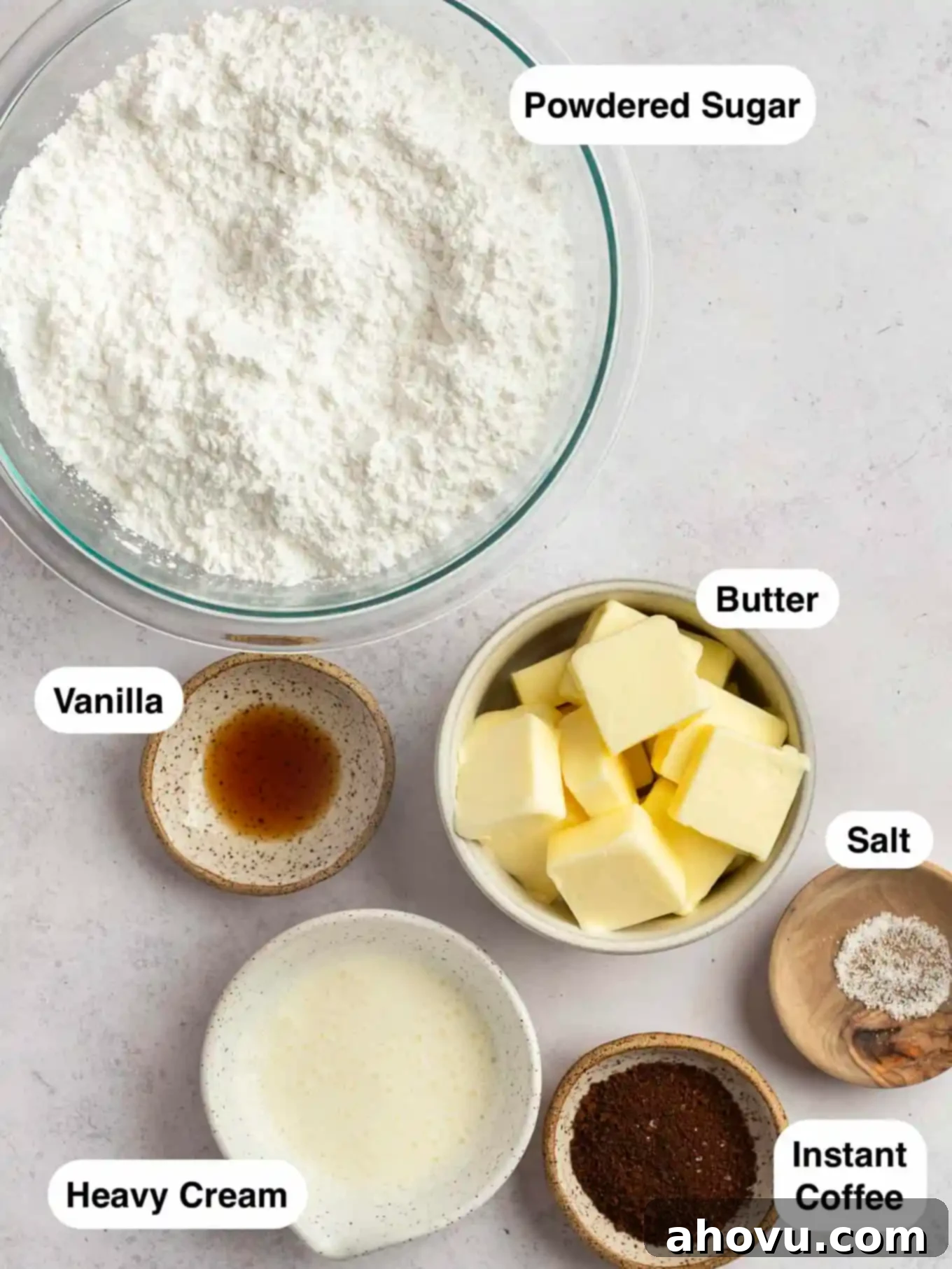 An overhead view of the ingredients needed for coffee frosting. 