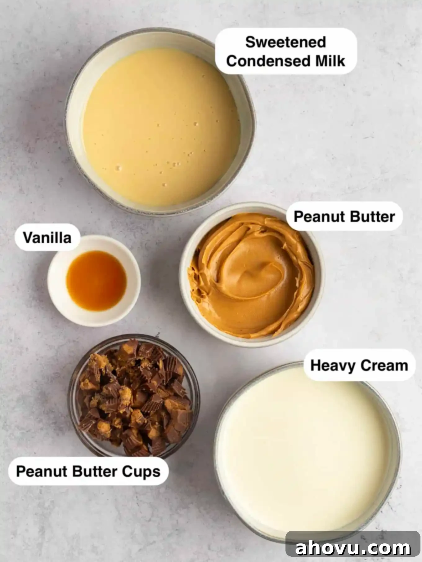 Velvet Peanut Butter Freeze 3 An overhead view of the essential ingredients laid out for making delicious peanut butter ice cream.