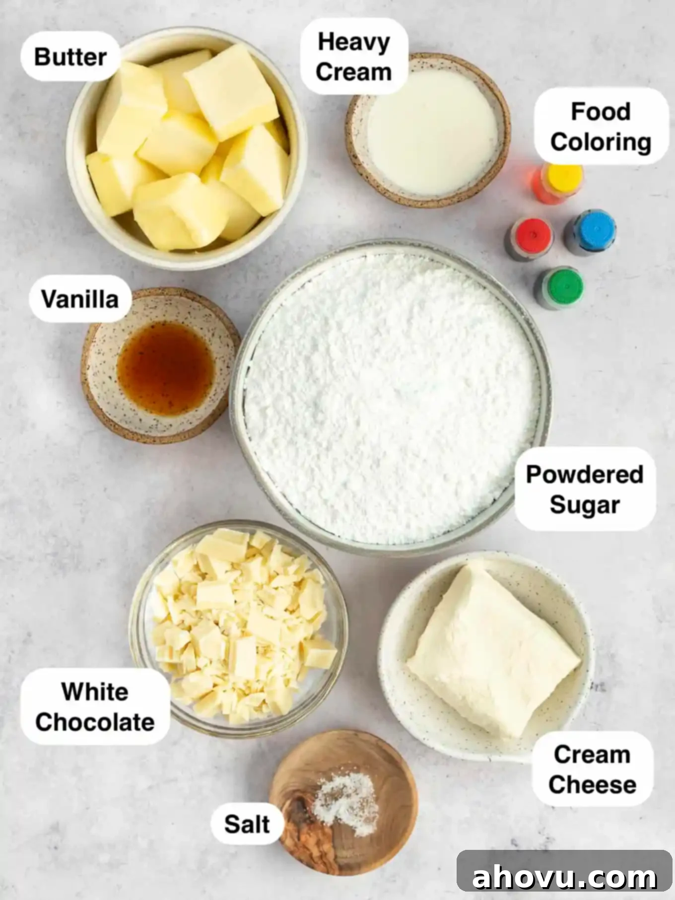 Joyful Confetti Frosting 3 An overhead view of the ingredients needed to make frosting with rainbow chips.