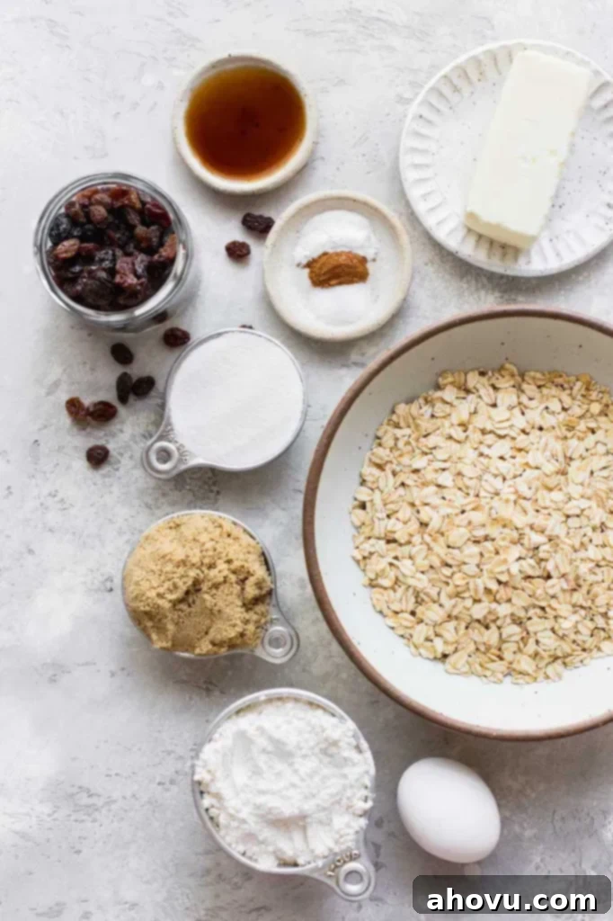 Various essential ingredients for baking homemade oatmeal raisin cookies, neatly arranged in small bowls and on plates, displayed on a stylish gray surface.
