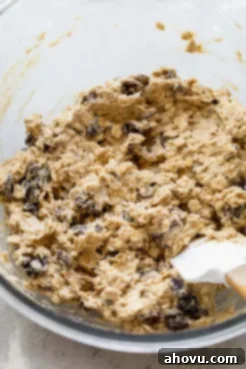 A close-up shot of the finished oatmeal raisin cookie dough in a glass mixing bowl, speckled with oats and raisins, perfectly ready for chilling and baking.